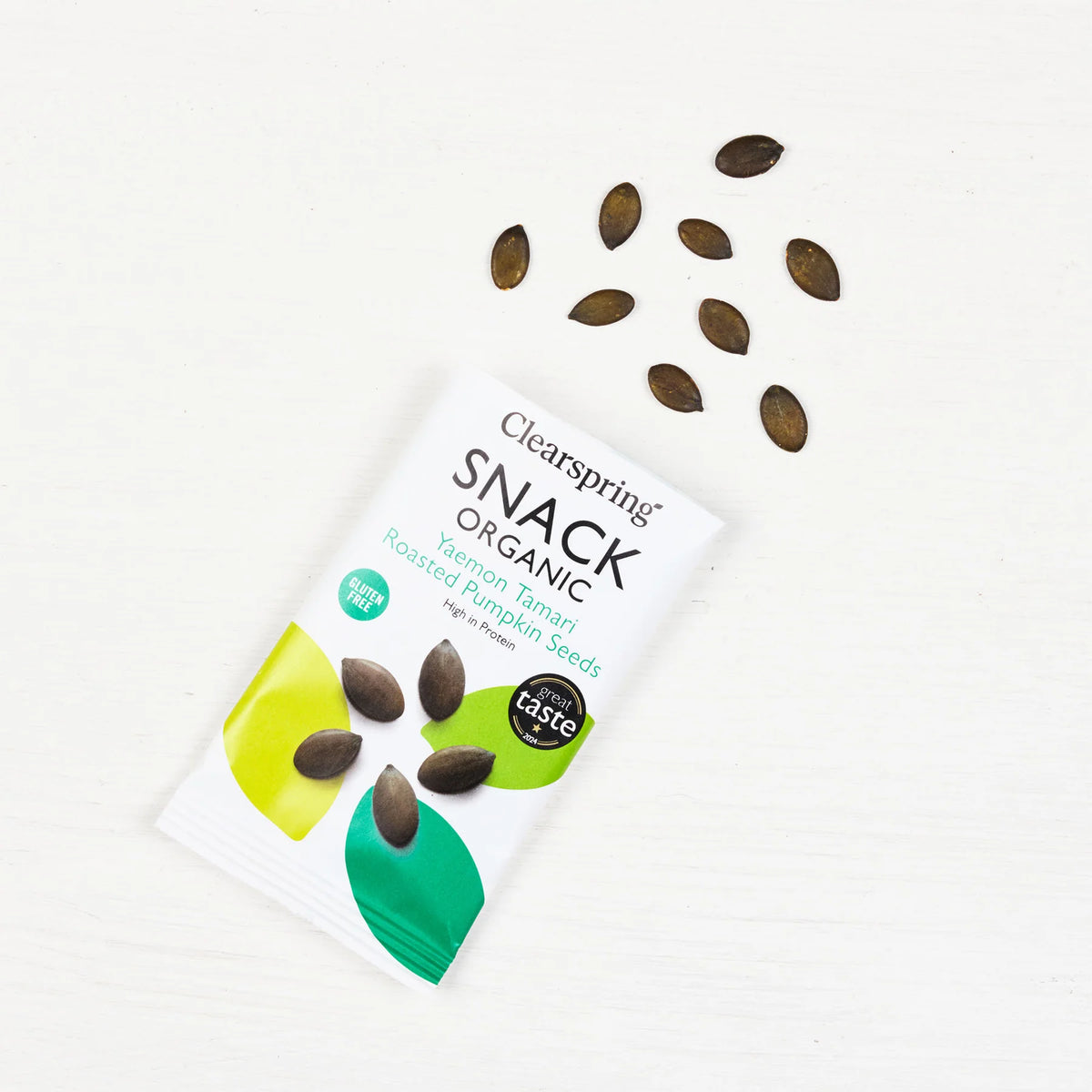 Clearspring Organic Tamari Roasted Pumpkin Seeds Snack 30g opened packaging