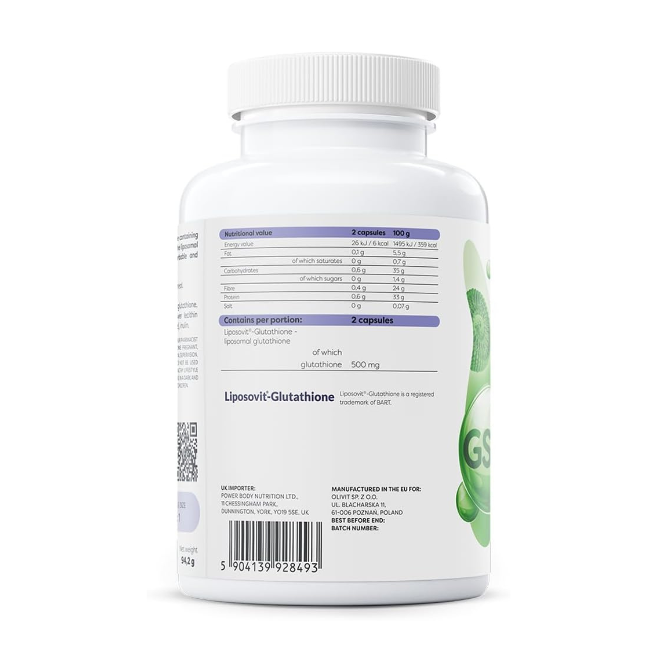 Osavi Liposomal Glutathione 500mg 60 Capsules side 2 packaging