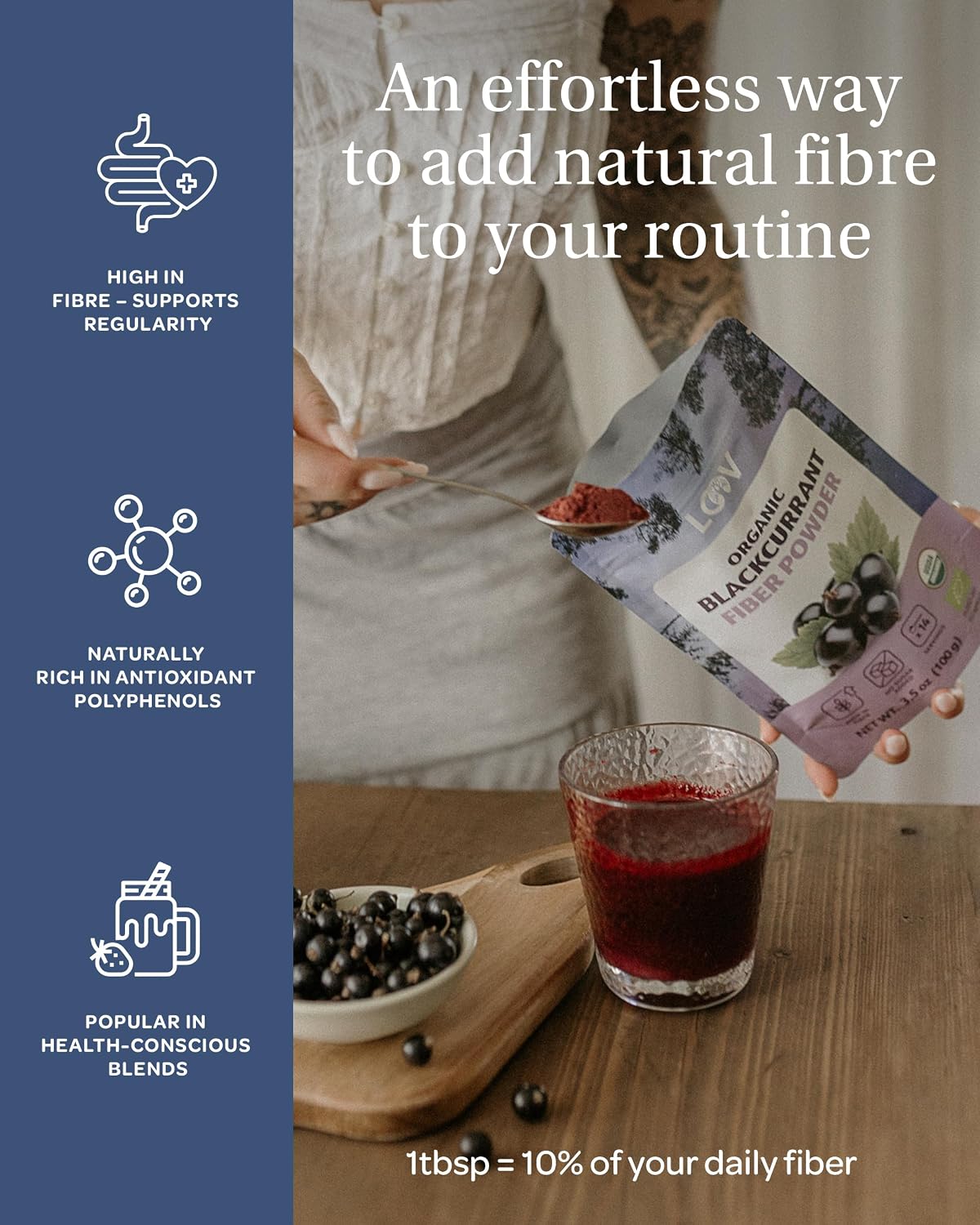 Loov Organic Wild Blackcurrant High Fiber Powder 100g — freeze-dried organic blackcurrant daily fiber