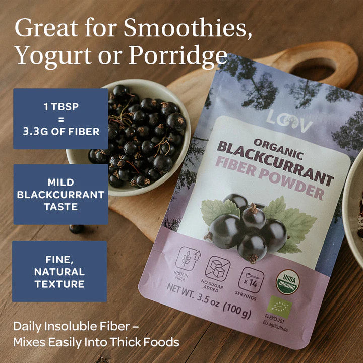 Loov Organic Wild Blackcurrant High Fiber Powder 100g — freeze-dried organic blackcurrant great for smoothies, yogurt, porridge