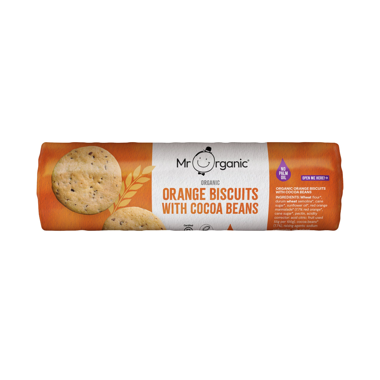 Mr Organic Orange Biscuits with Cocoa Beans 250g front packaging