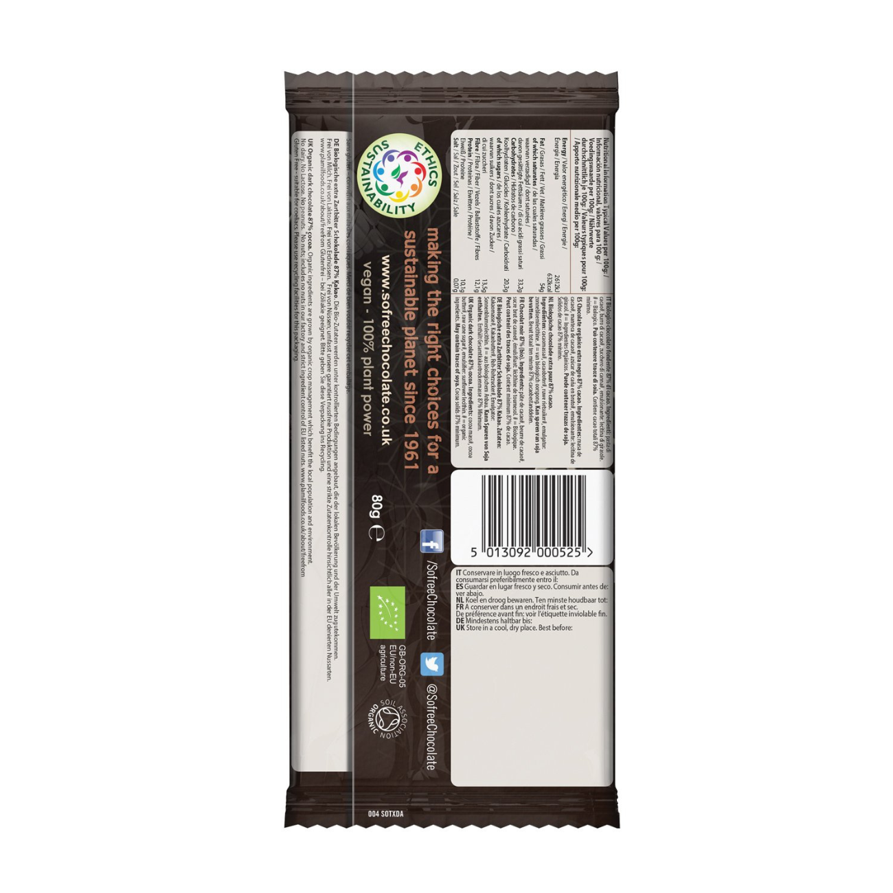 Organic Extra Dark So Free 87% Cocoa Chocolate Bar 80g