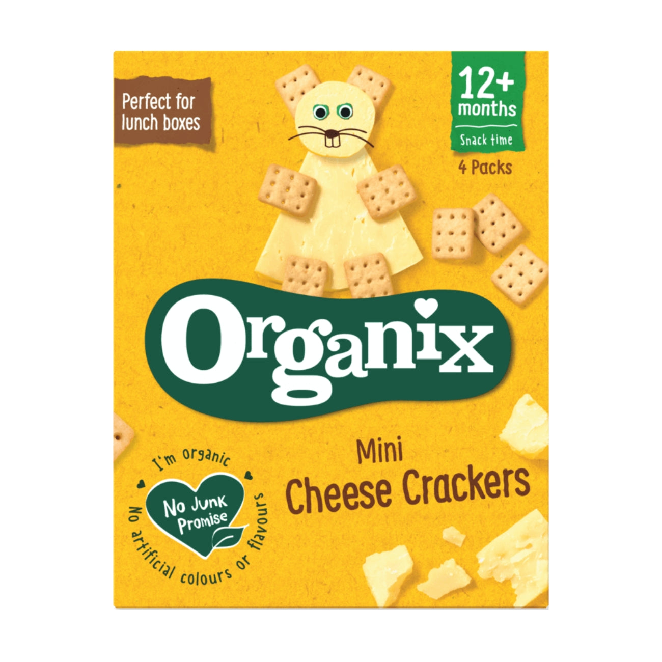 Organix Mini Organic Cheese Crackers Toddler Snack 4 x 20g front packaging