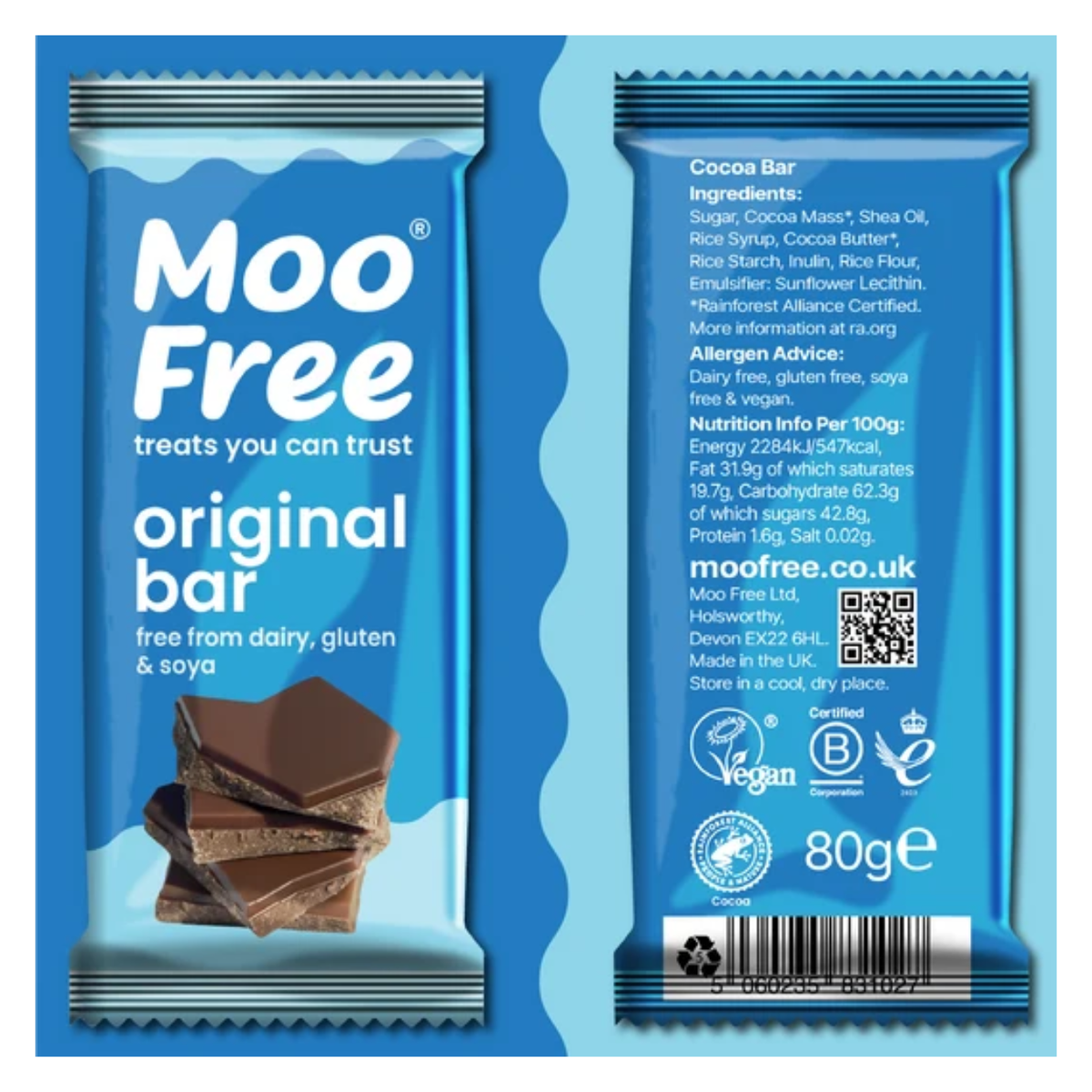 Moo Free Organic Original Milk Choc Vegan Premium Bar 80g front and back packaging