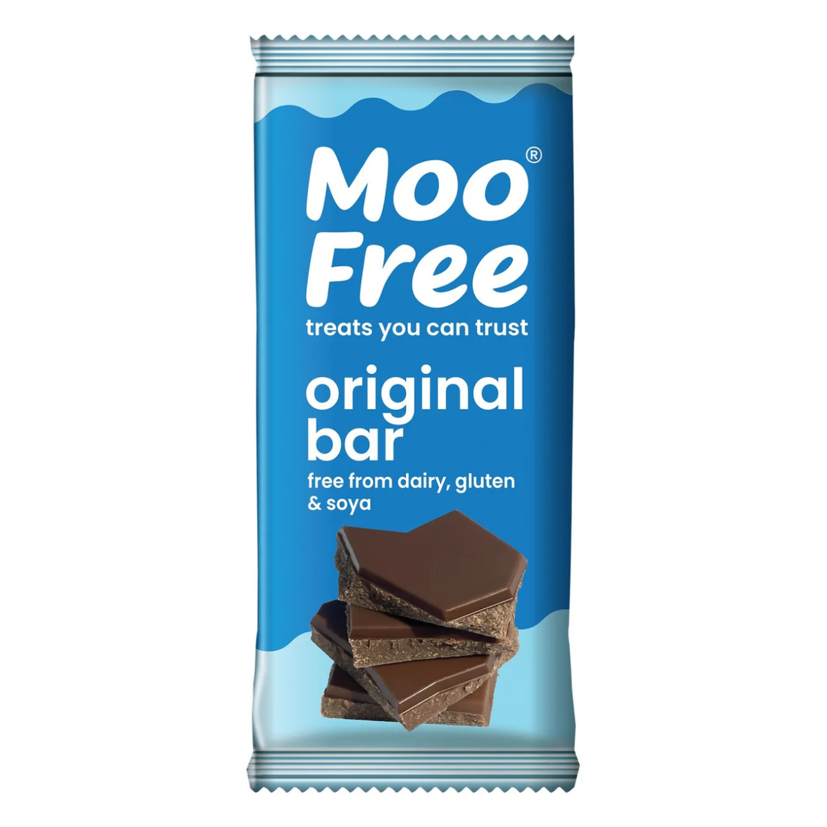 Moo Free Organic Original Milk Choc Vegan Premium Bar 80g front packaging