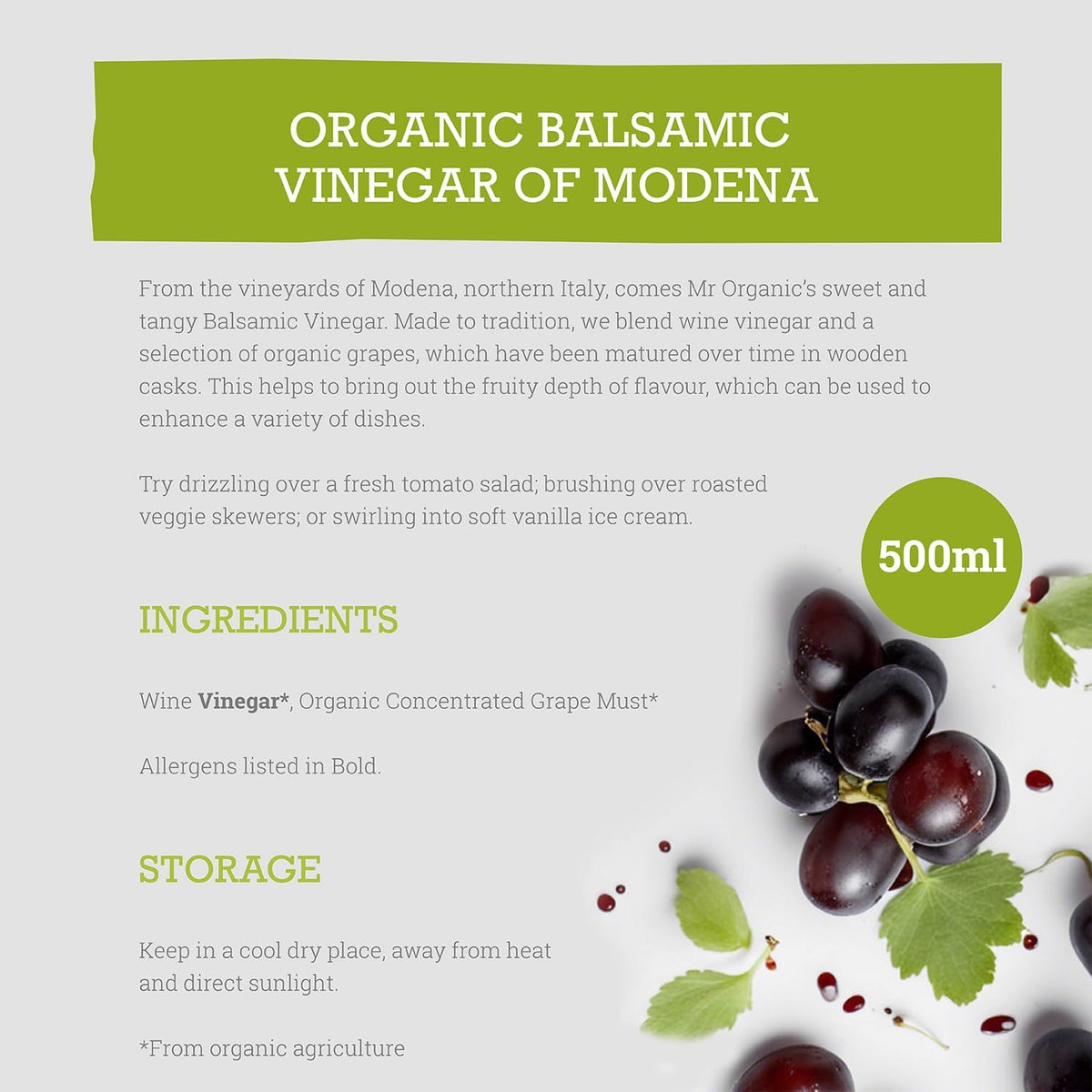 Mr Organic Balsamic Vinegar of Modena 500ml storage
