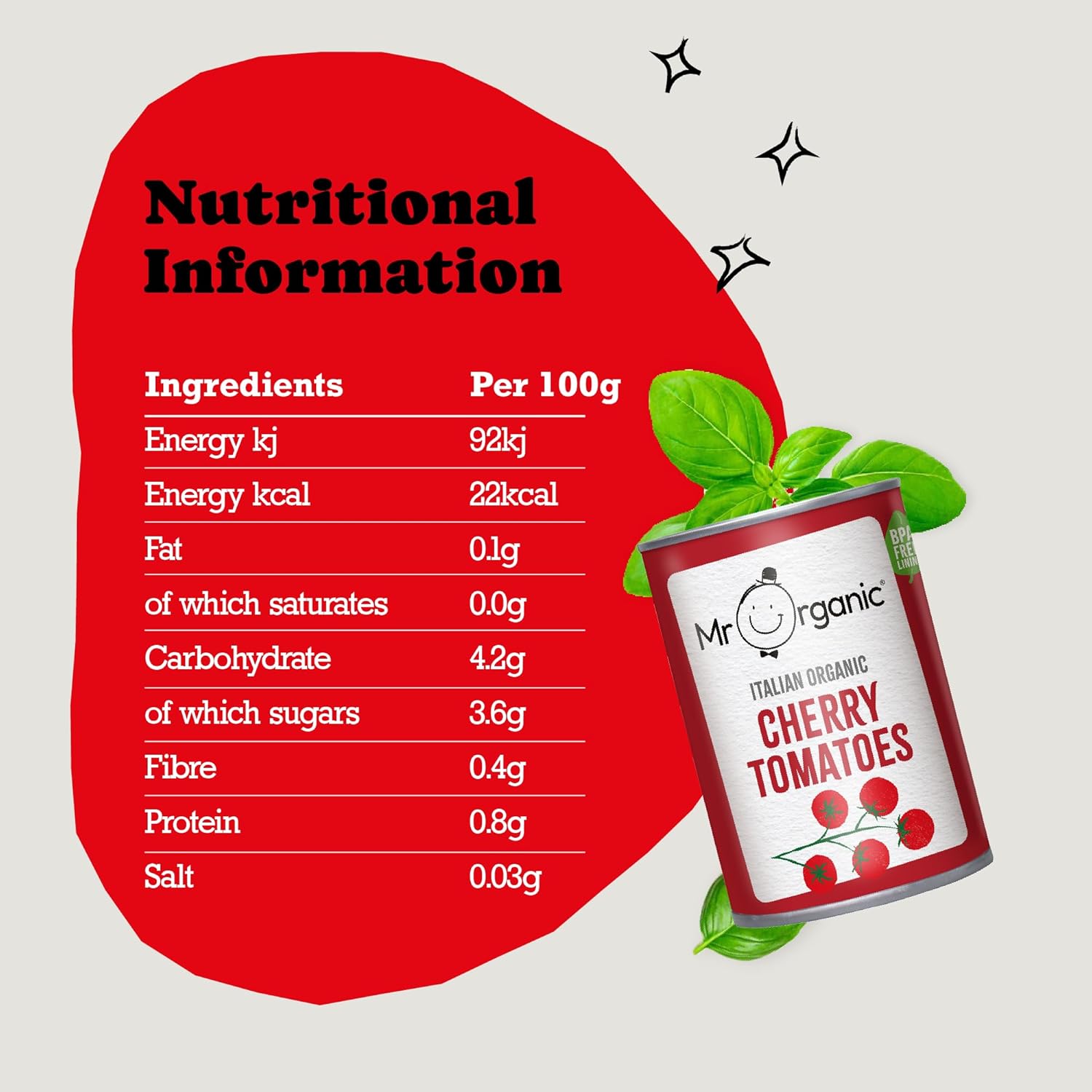 Mr Organic Cherry Tomatoes Tin 400g nutritional info
