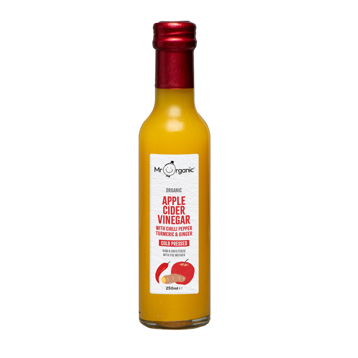 Mr Organic Organic Apple Cider Vinegar with Chilli, Turmeric and Ginger 250ml front packaging
