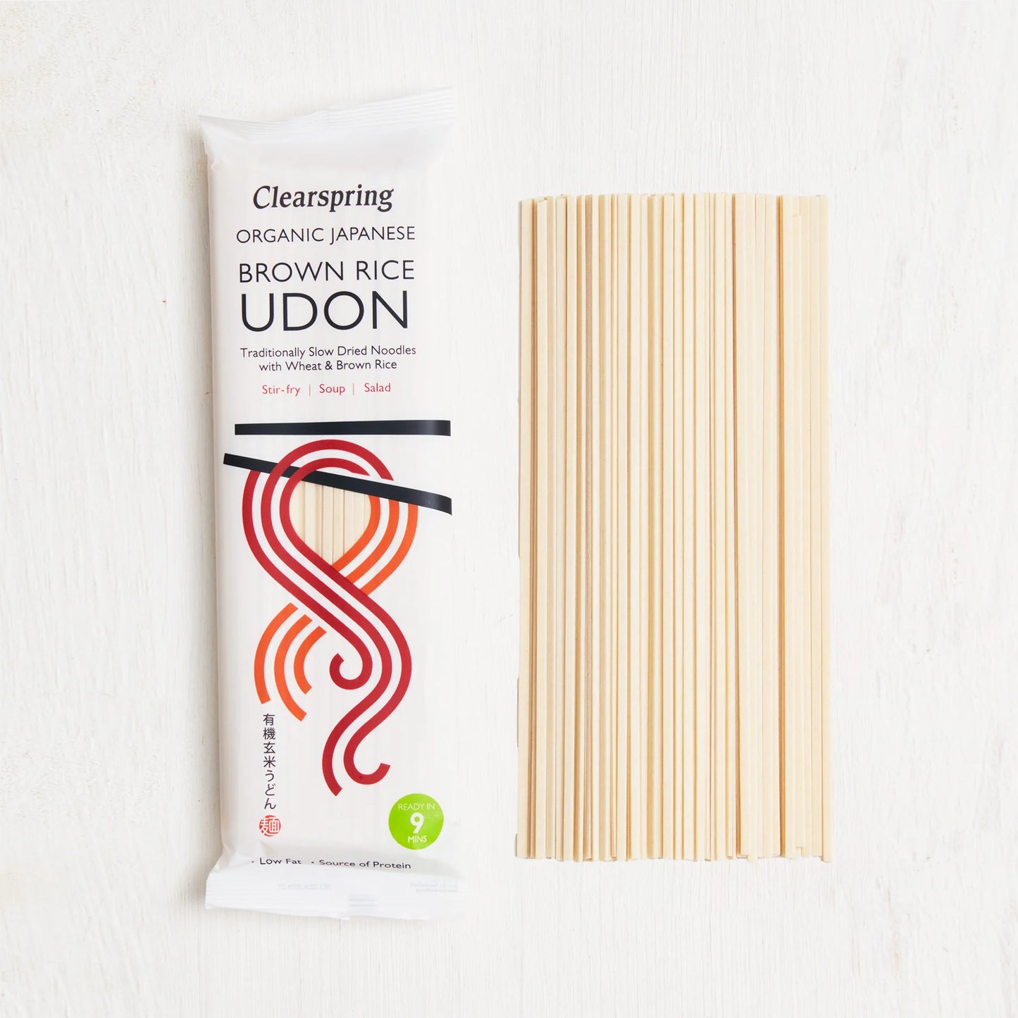 Clearspring Organic Japanese Brown Rice Udon Noodles 200g actual product and product packaging