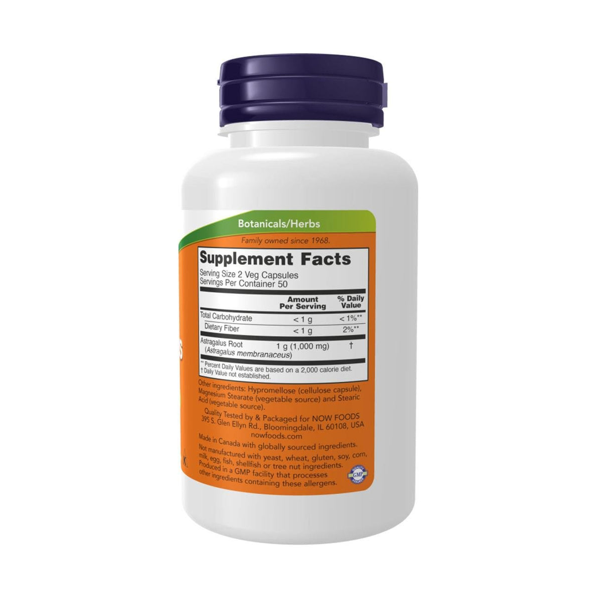 NOW Foods Astragalus 500mg 100 Veg Capsules – Side 1 Label