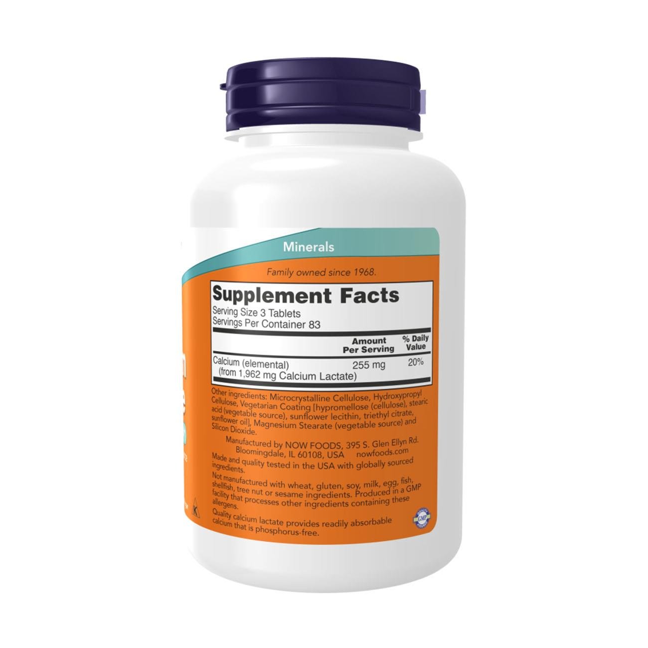 NOW Foods Calcium Lactate 250 Tablets – Side 1 Label