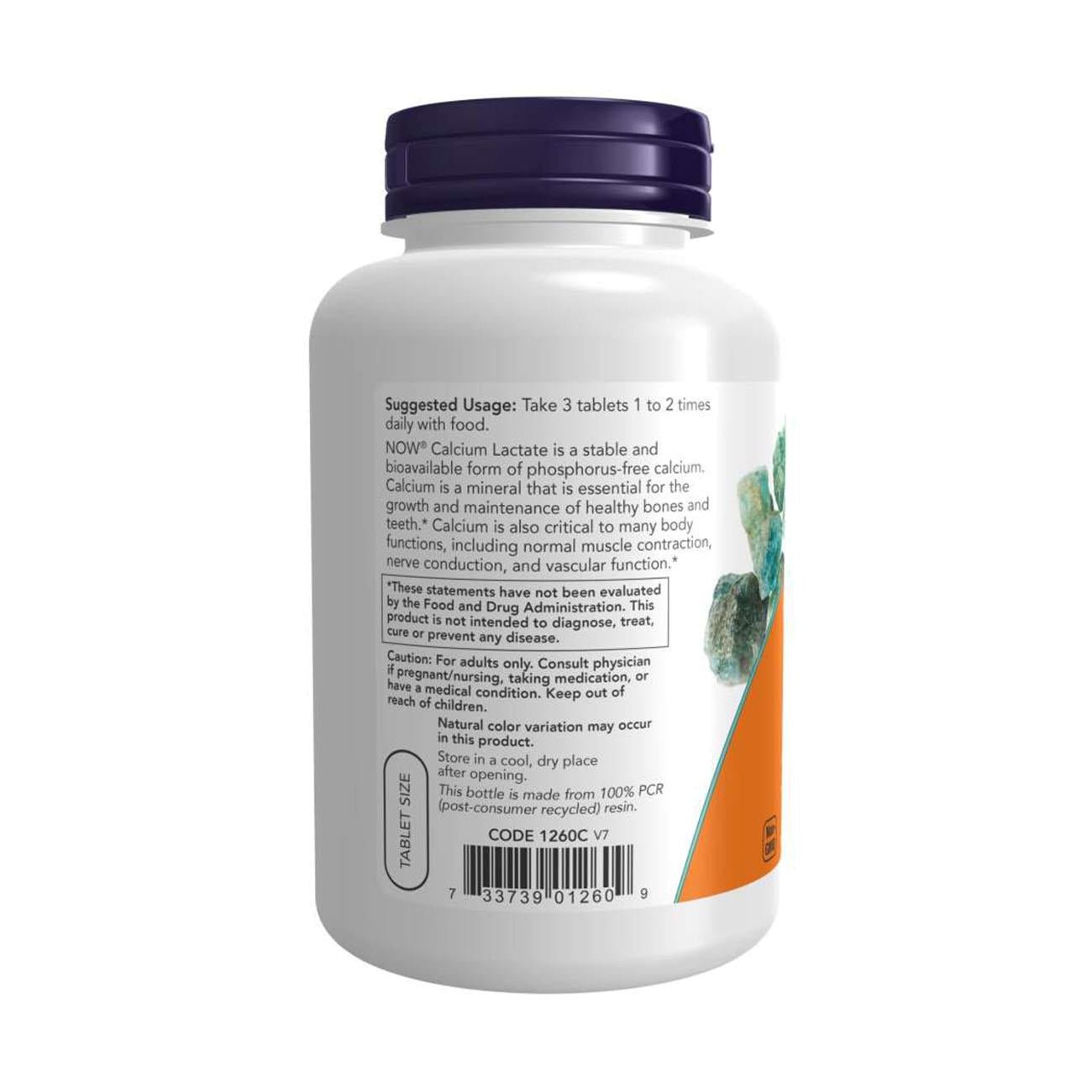 NOW Foods Calcium Lactate 250 Tablets – Side 2 Label