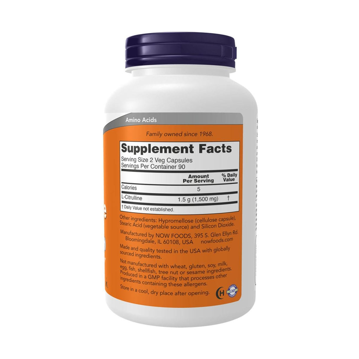 NOW Foods L-Citrulline 750mg 180 Veg Capsules – Back Label