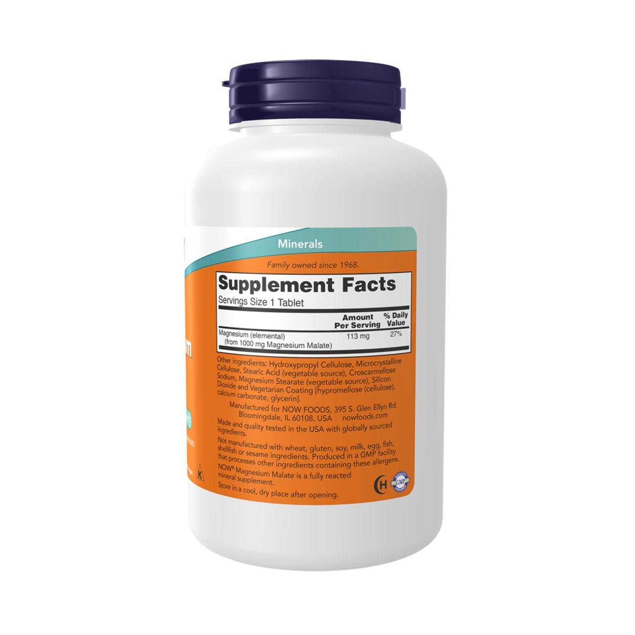 NOW Foods Magnesium Malate 1000mg 180 Tablets – Side 1 Label