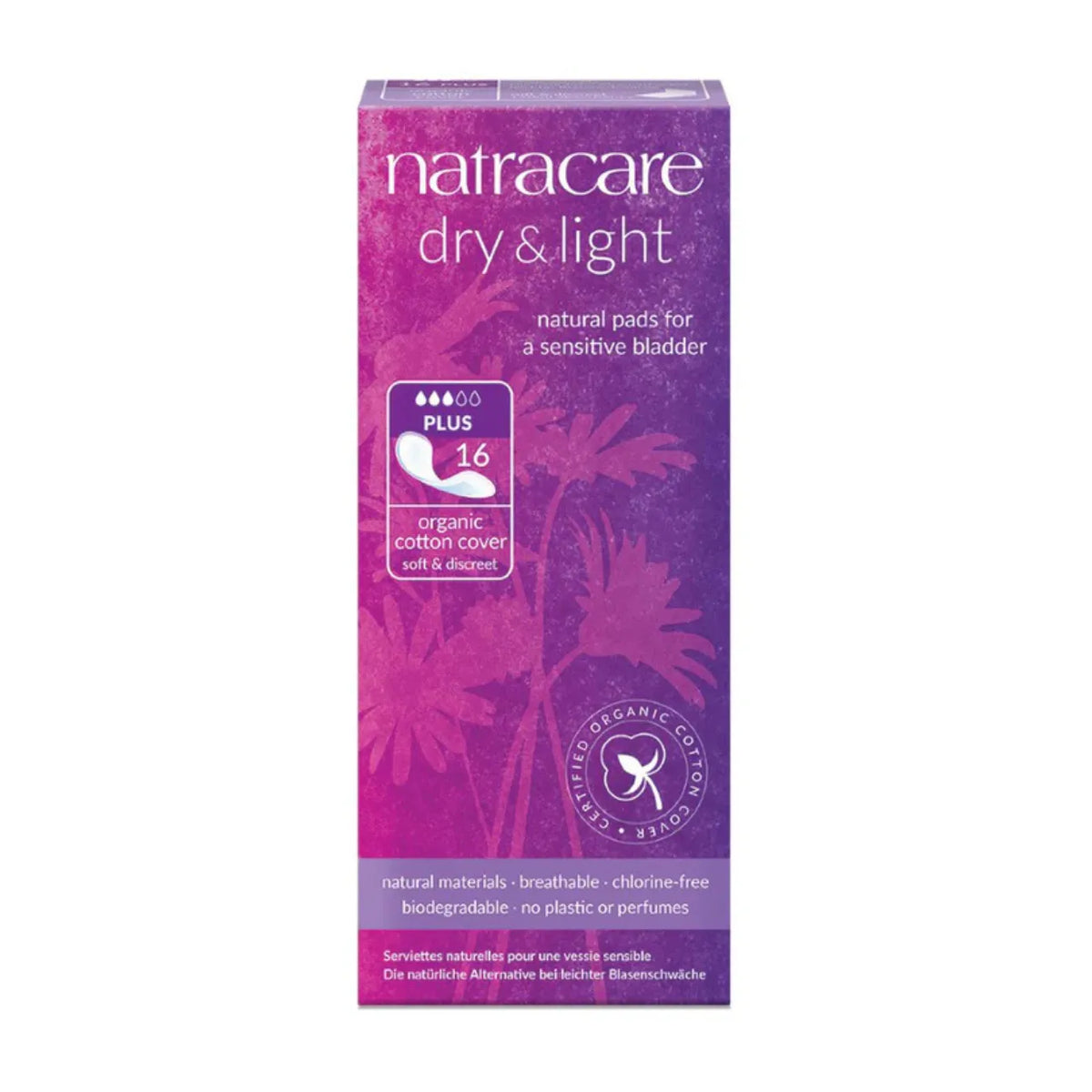 Natracare Dry & Light Incontinence Pads Plus 16 – Box Front