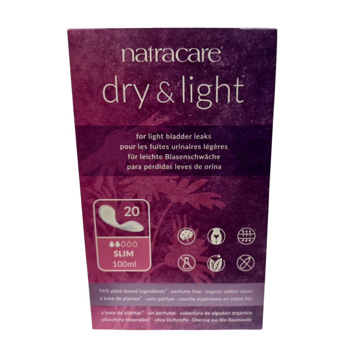 Natracare Organic Cotton Dry & Light Incontinence 20 Pads Slim front packaging