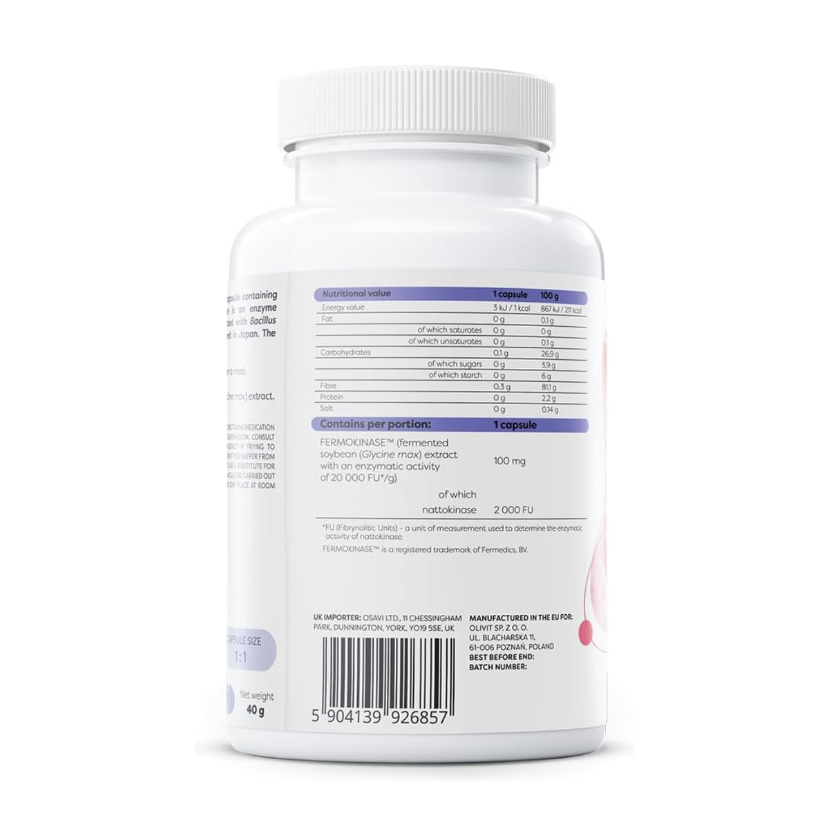 Osavi Osavi Nattokinase 100mg 120 Capsules — FERMOKINASE 2000 FU vegan side 1 packaging