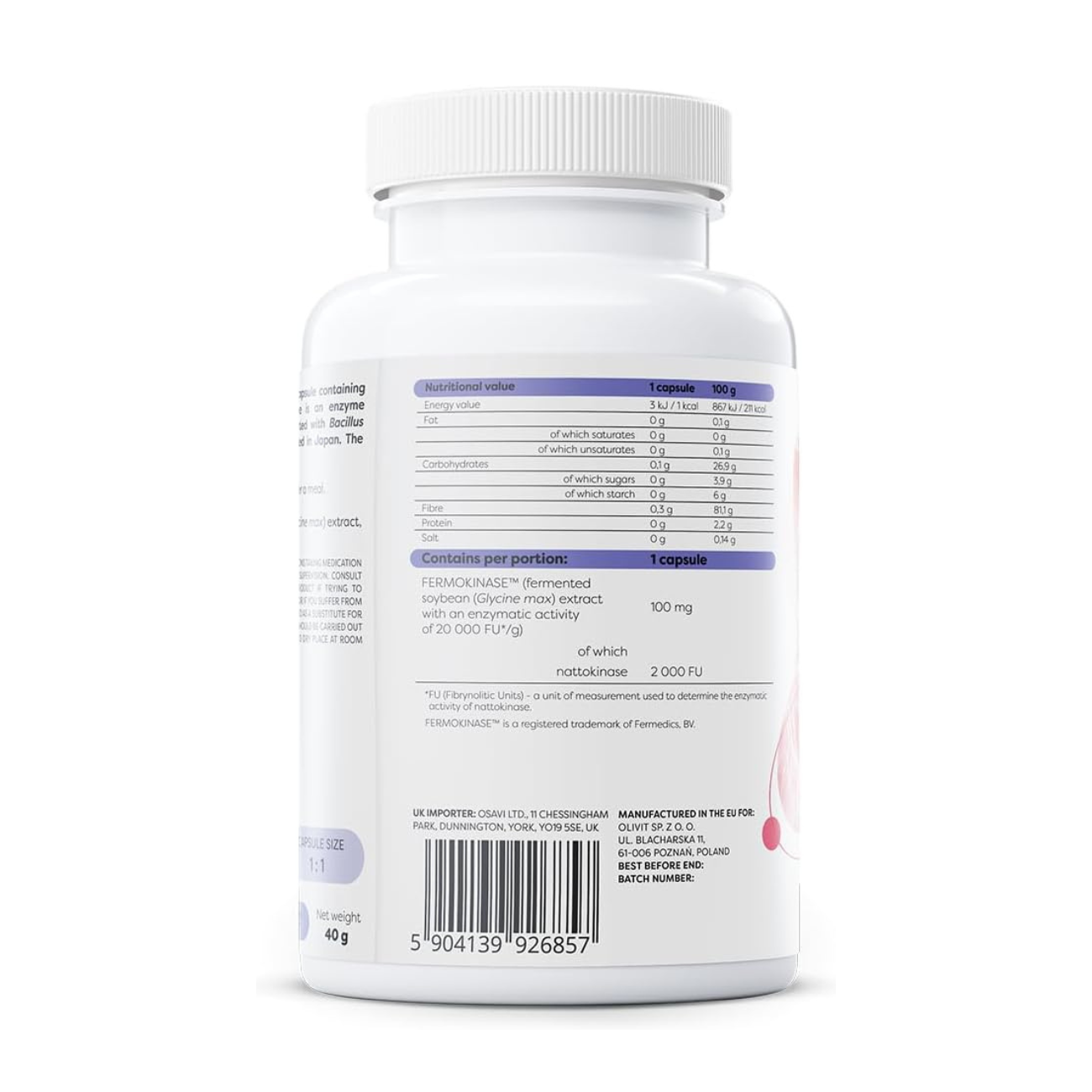 Osavi Osavi Nattokinase 100mg 120 Capsules — FERMOKINASE 2000 FU vegan side 1 packaging