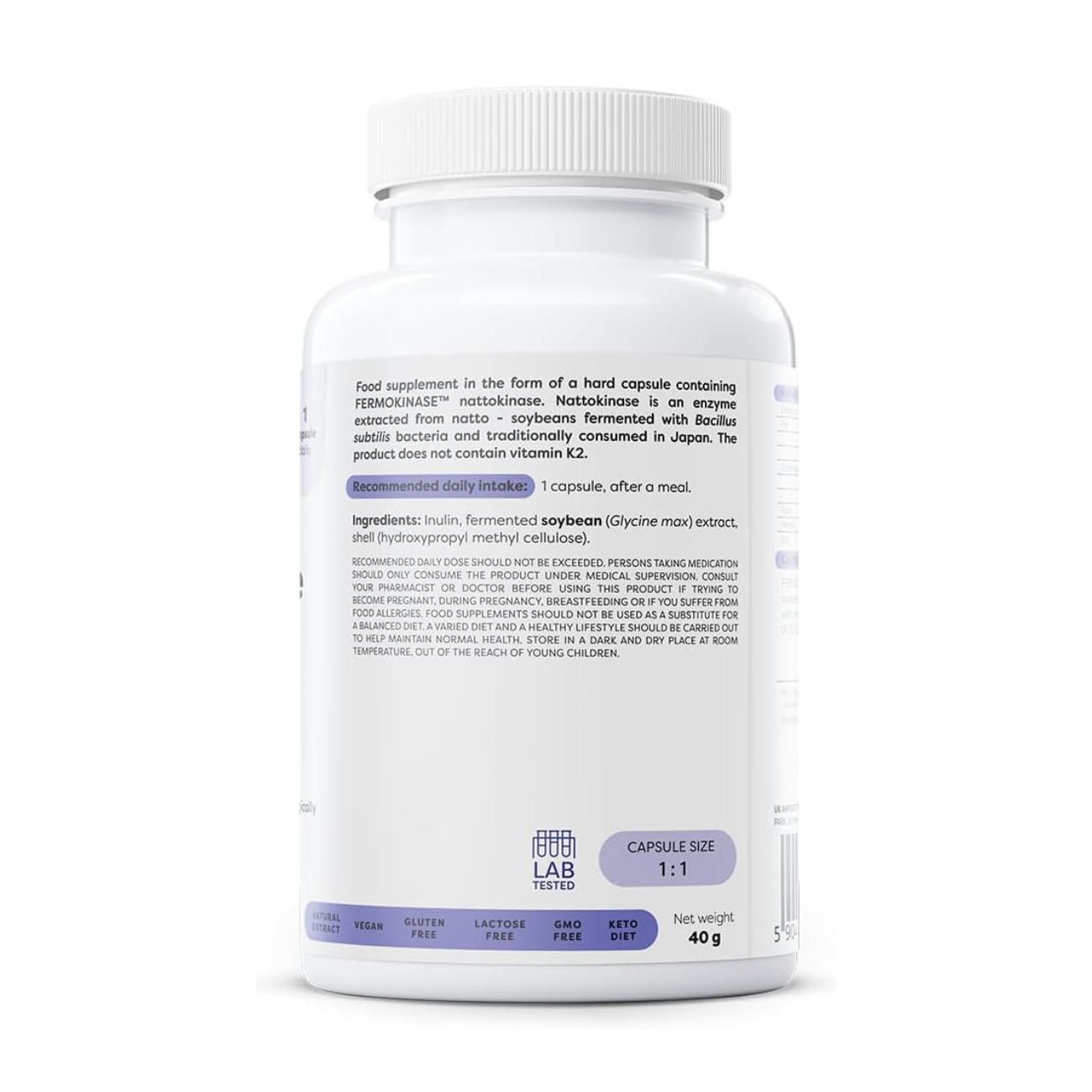 Osavi Osavi Nattokinase 100mg 120 Capsules — FERMOKINASE 2000 FU vegan side 2 packaging