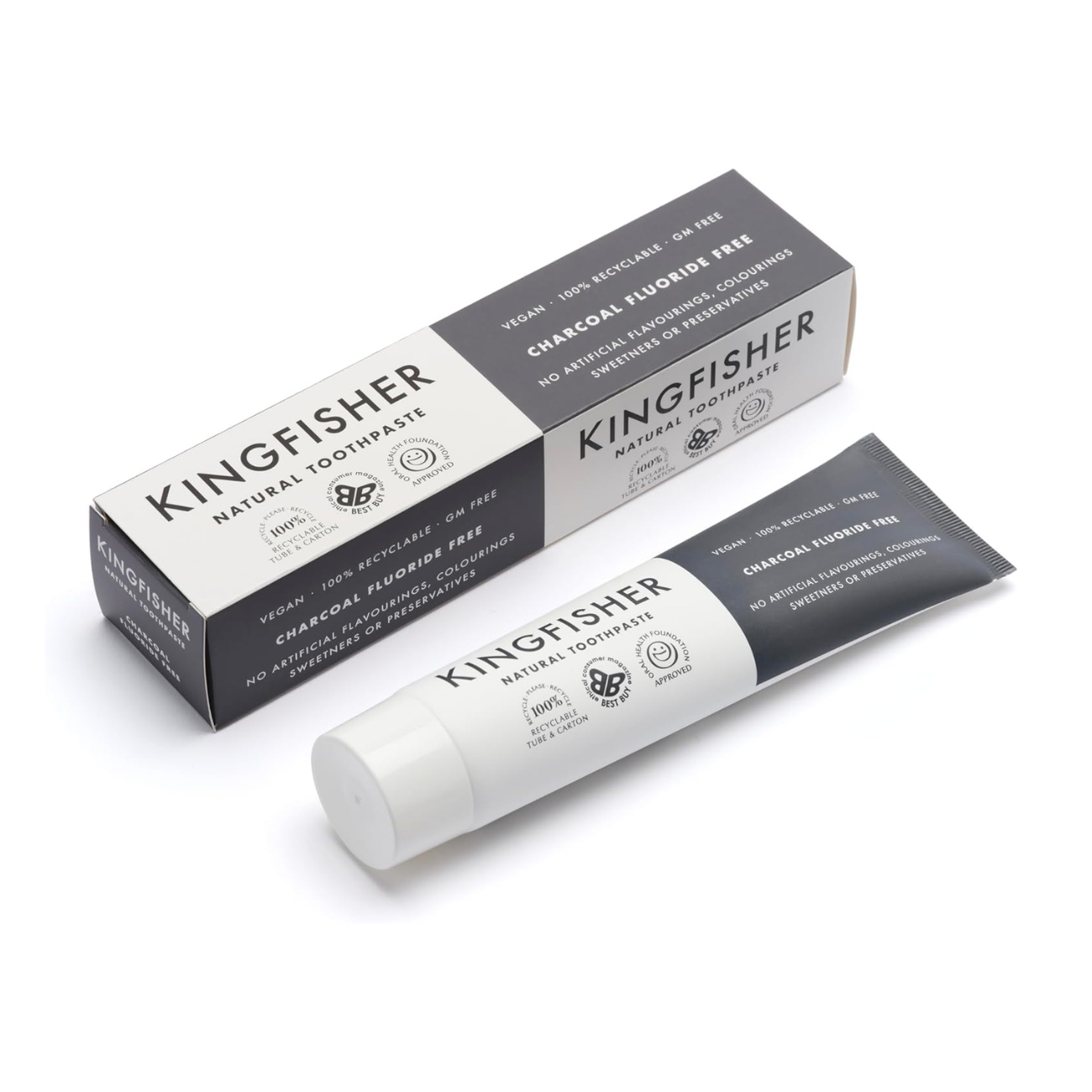 Kingfisher Natural Charcoal Toothpaste 100ml front packaging and actual product
