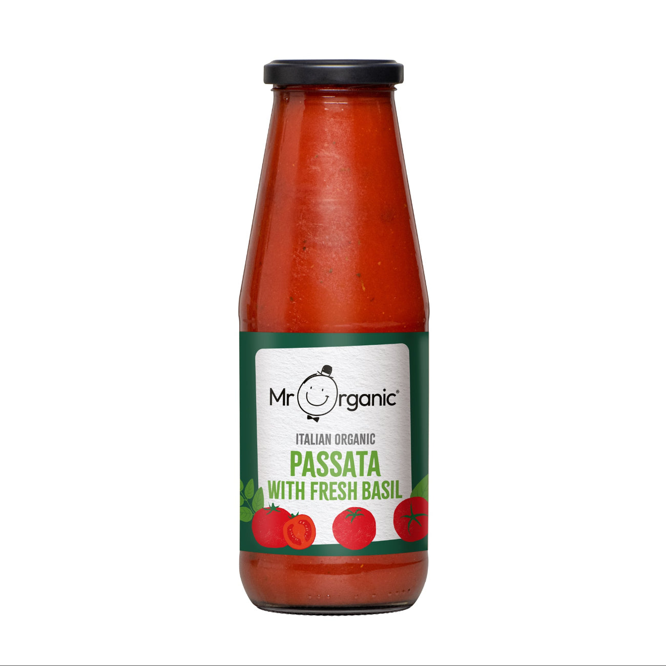 Mr Organic Fresh Basil Italian Passata Jar 690g front packaging
