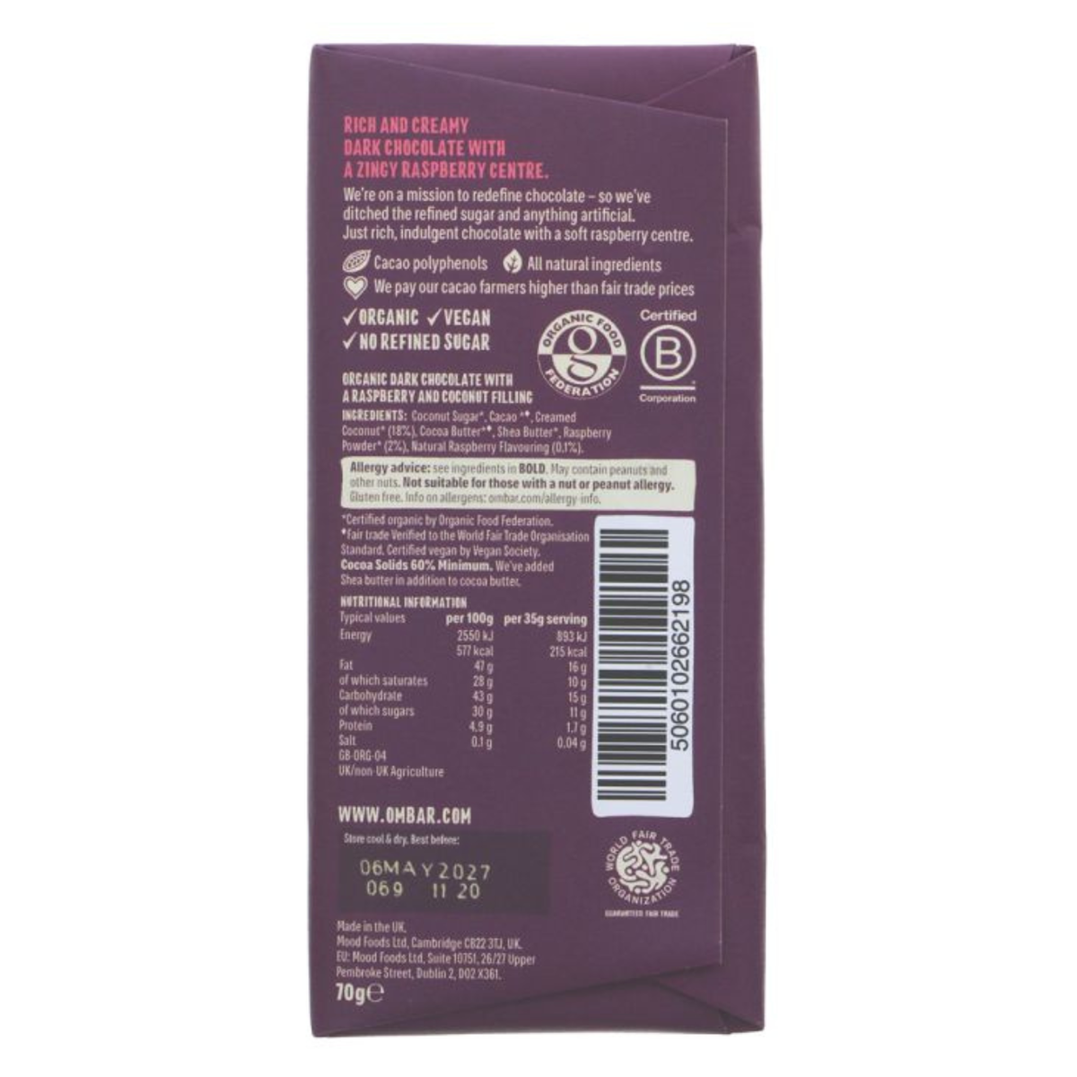 Ombar Raspberry & Coconut Centres Chocolate Bar 70g back packaging 