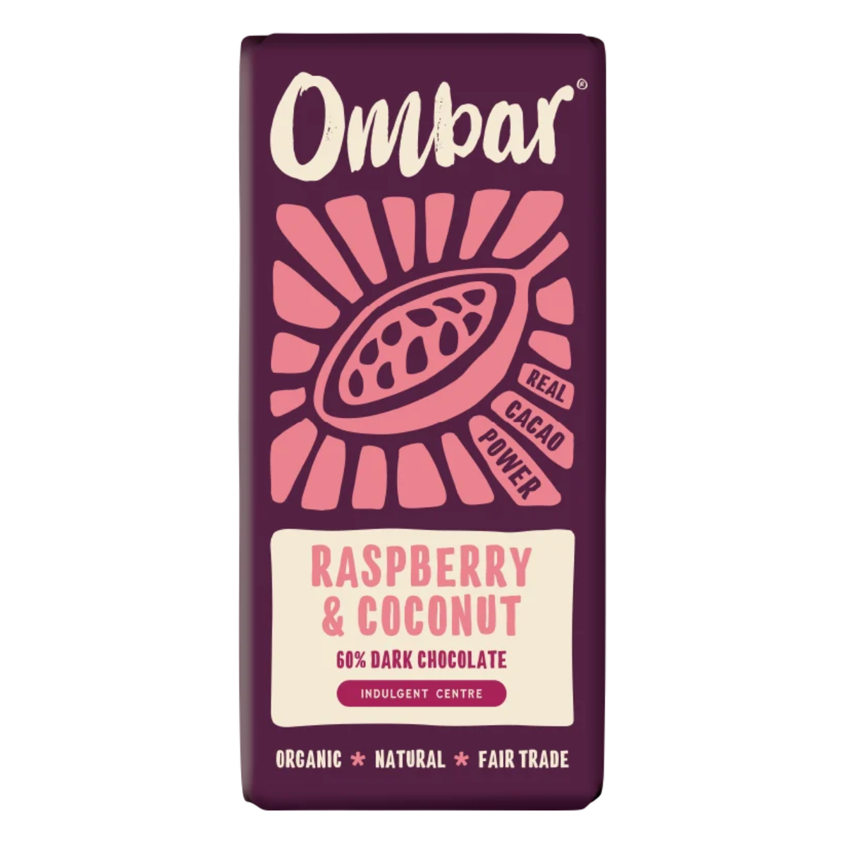 Ombar Raspberry & Coconut Centres Chocolate Bar 70g front packaging 