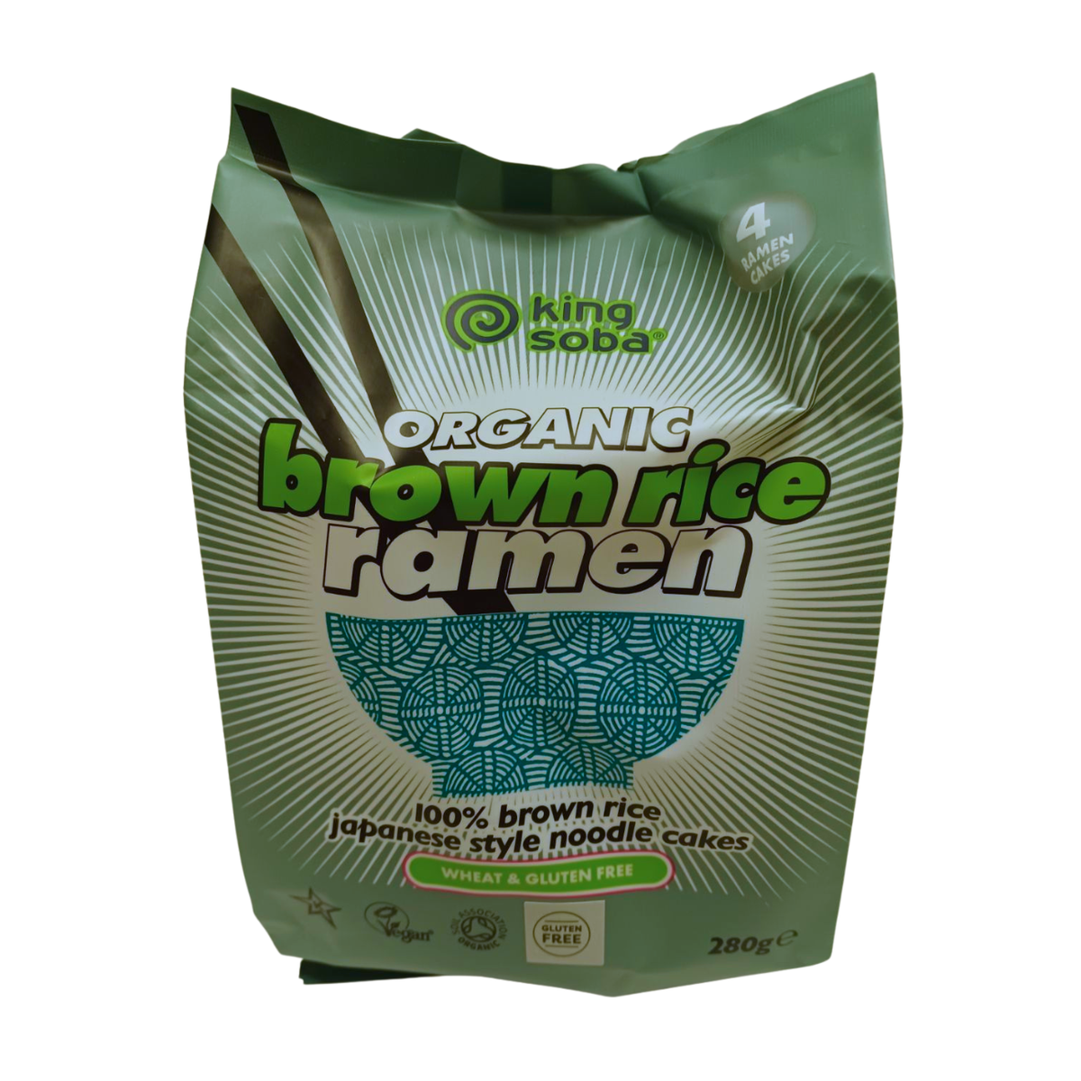 King Soba Organic 4 Pack Brown Rice Ramen Noodles 280g front packaging