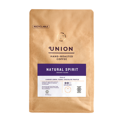 Union Roasted Coffee Organic Natural Spirit Wholebean Coffee 200g front packaging