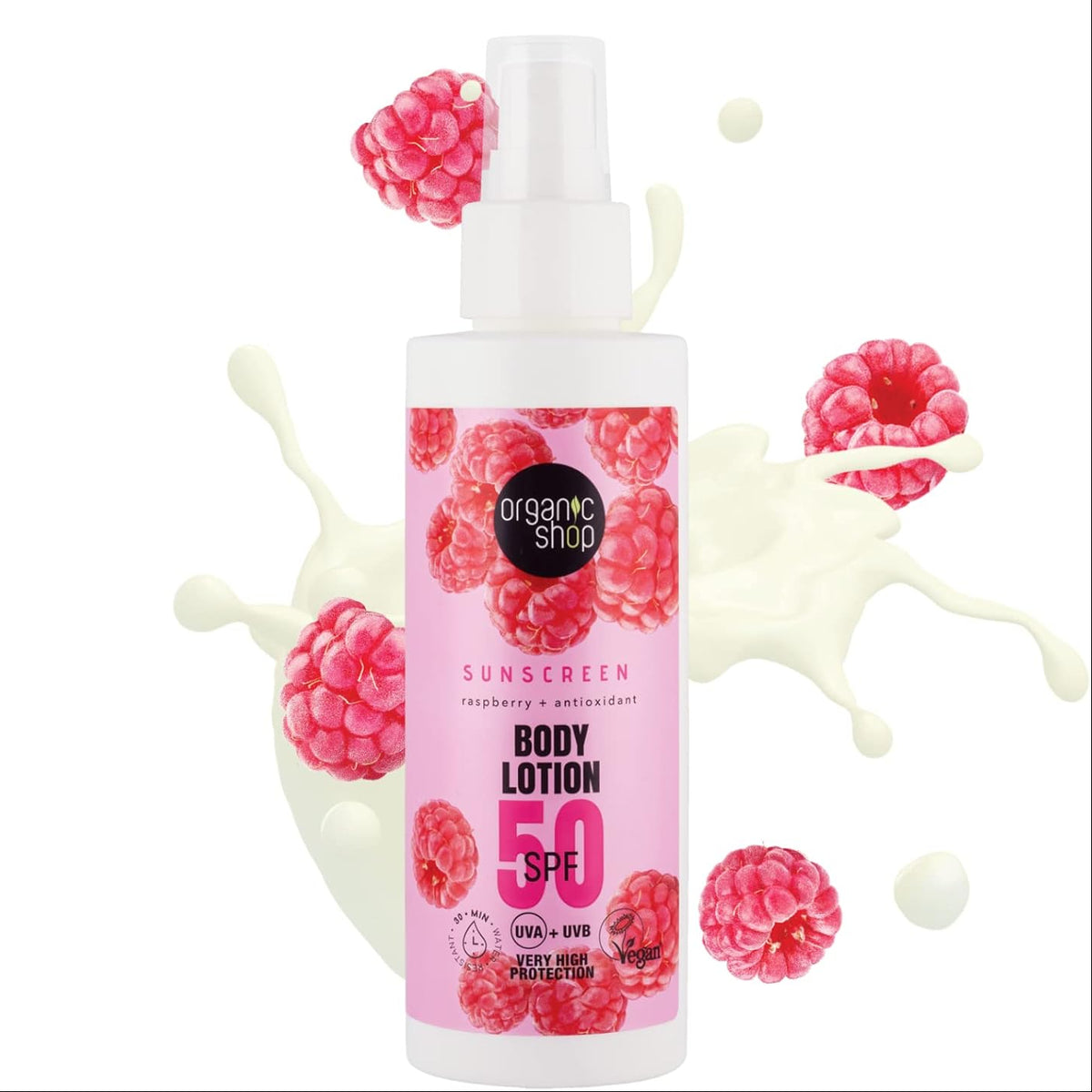 Organic Shop 50 SPF Sunscreen Body Lotion 150ml with splash of lotion at the back