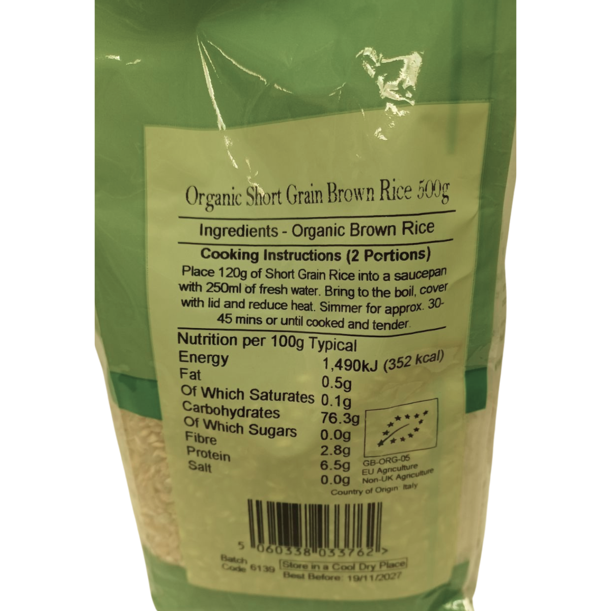 Just Natural Organic Organic Short Grain Brown Rice 500g back packaging