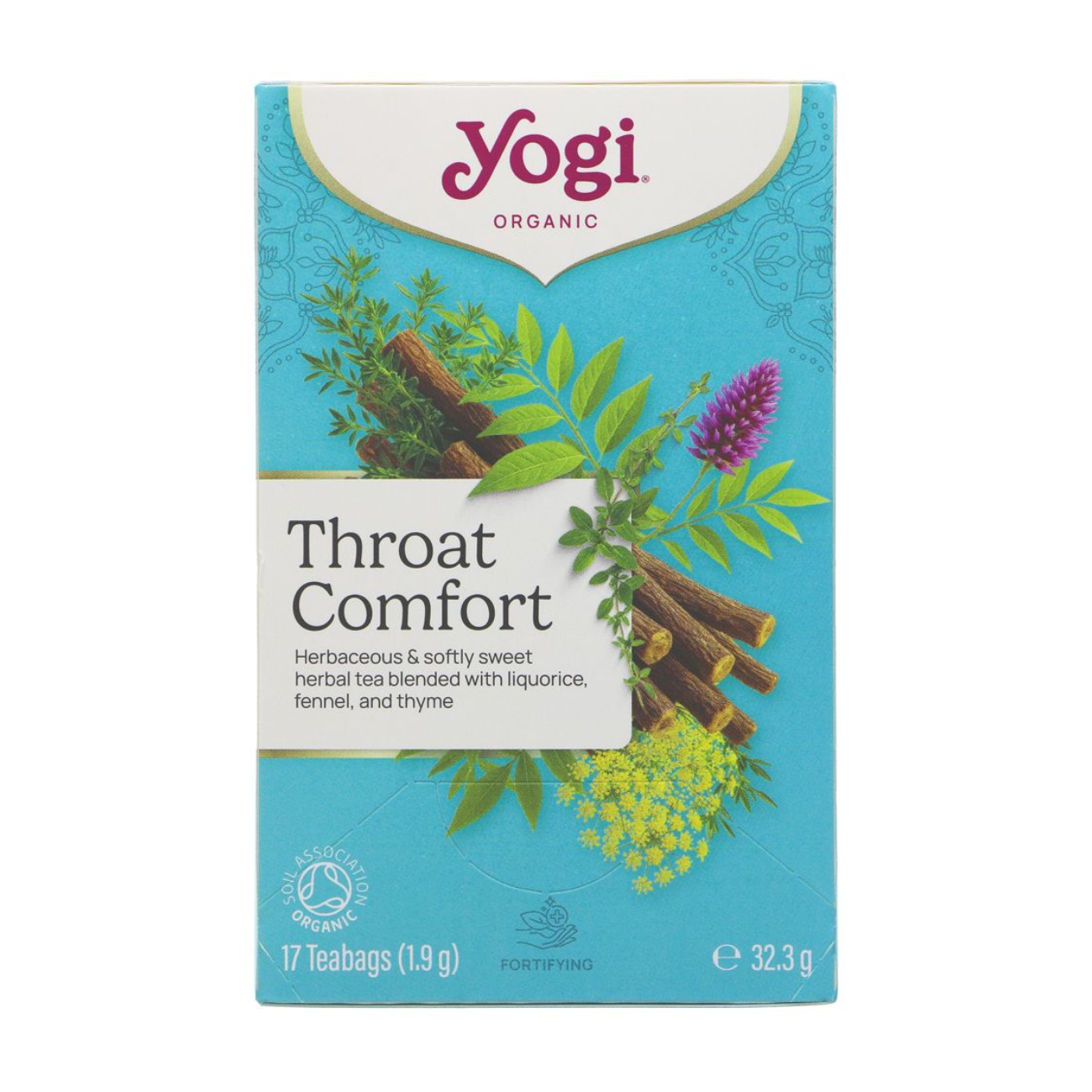 Yogi Tea Organic Throat Comfort Herbal Tea 17 Bags front packaging