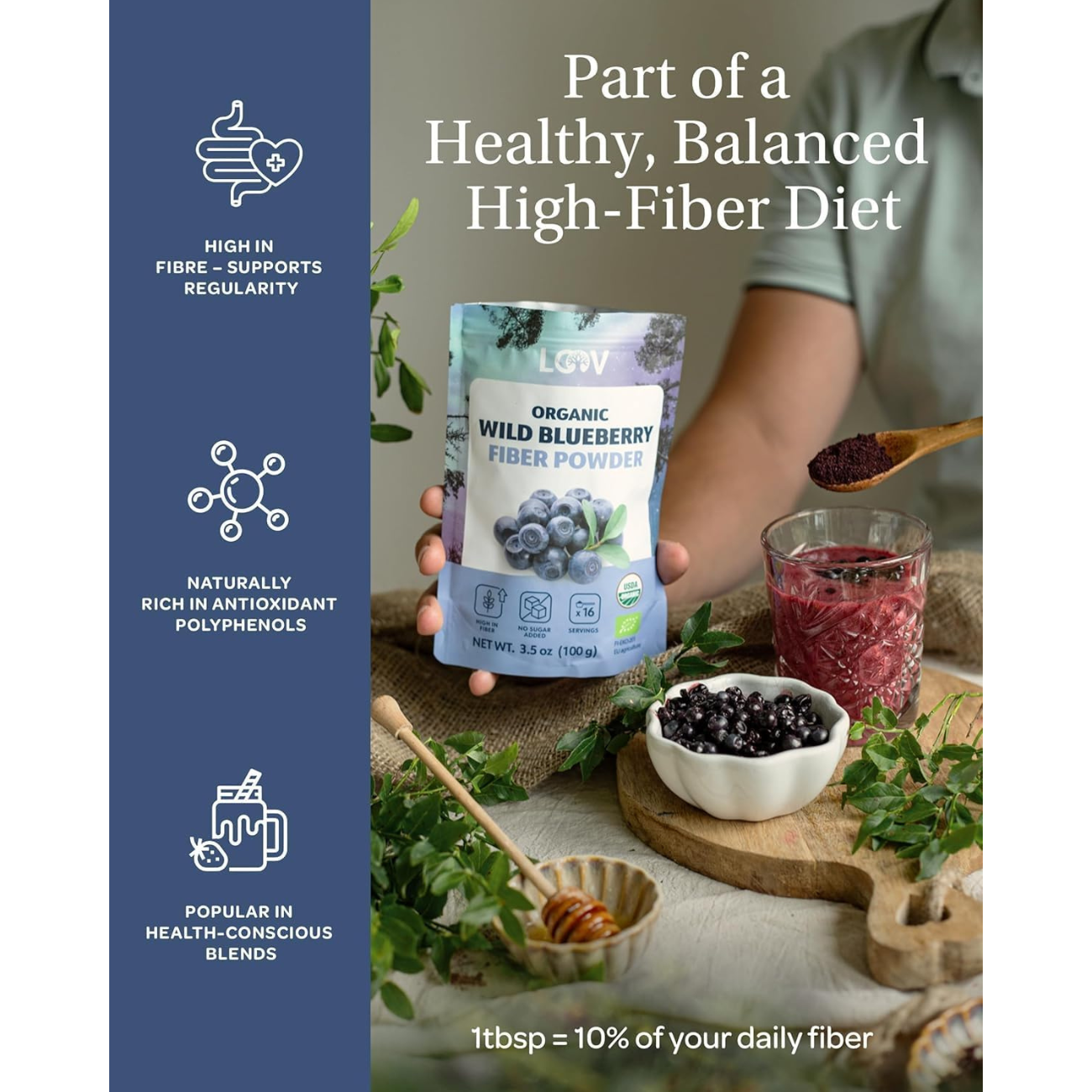 Loov Organic Wild Blueberry Pomace Powder 100g — freeze-dried Nordic bilberry high fiber diet