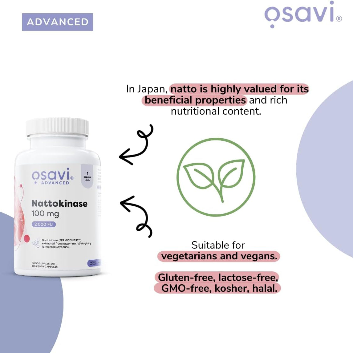 Osavi Osavi Nattokinase 100mg 120 Capsules — FERMOKINASE 2000 FU vegan and vegetarian