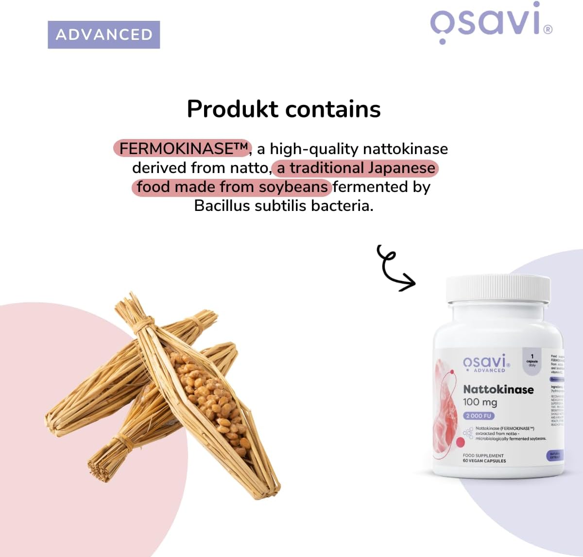 Osavi Osavi Nattokinase 100mg 120 Capsules — contains FERMOKINASE 2000 FU vegan 