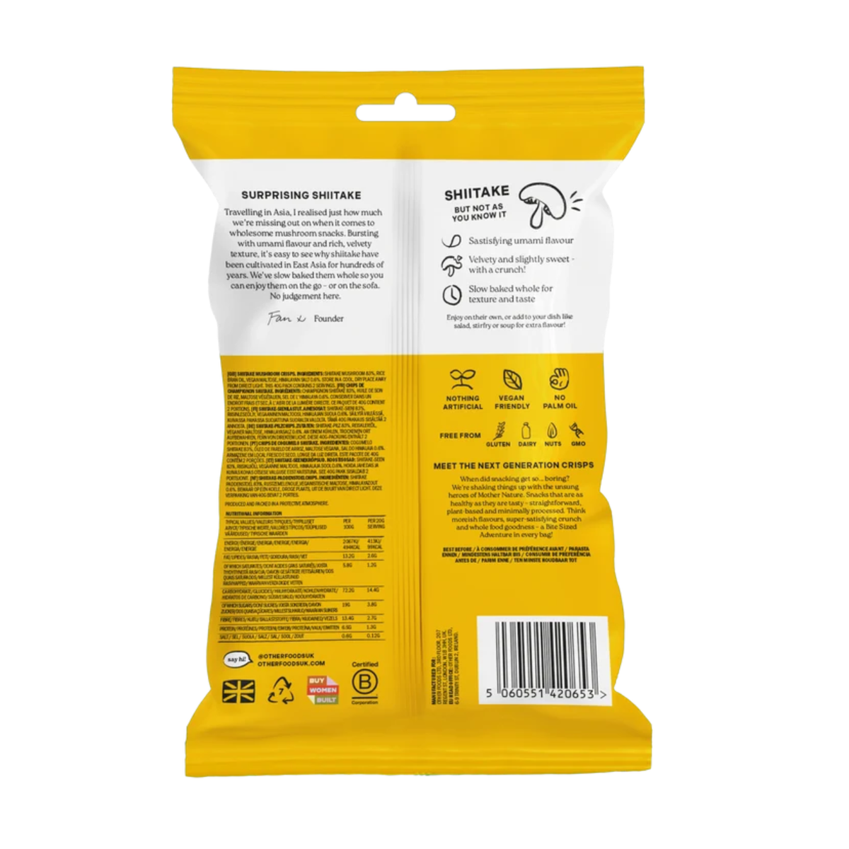 Other Foods Crunchy Shiitake Mushrooms 40g back packaging