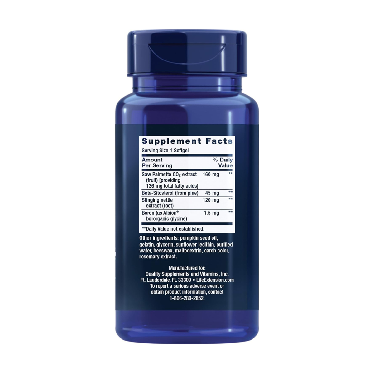 Life Extension PalmettoGuard Saw Palmetto & Nettle Root with Beta-Sitosterol 60 Softgels back packaging