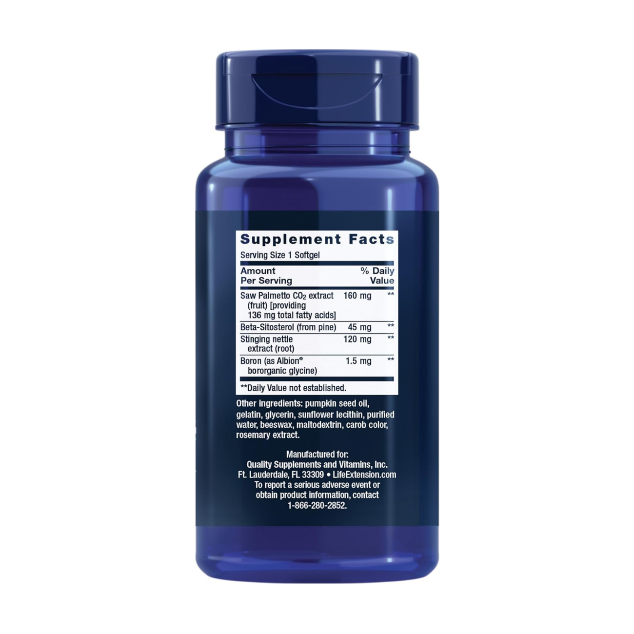 Life Extension PalmettoGuard Saw Palmetto & Nettle Root with Beta-Sitosterol 60 Softgels back packaging