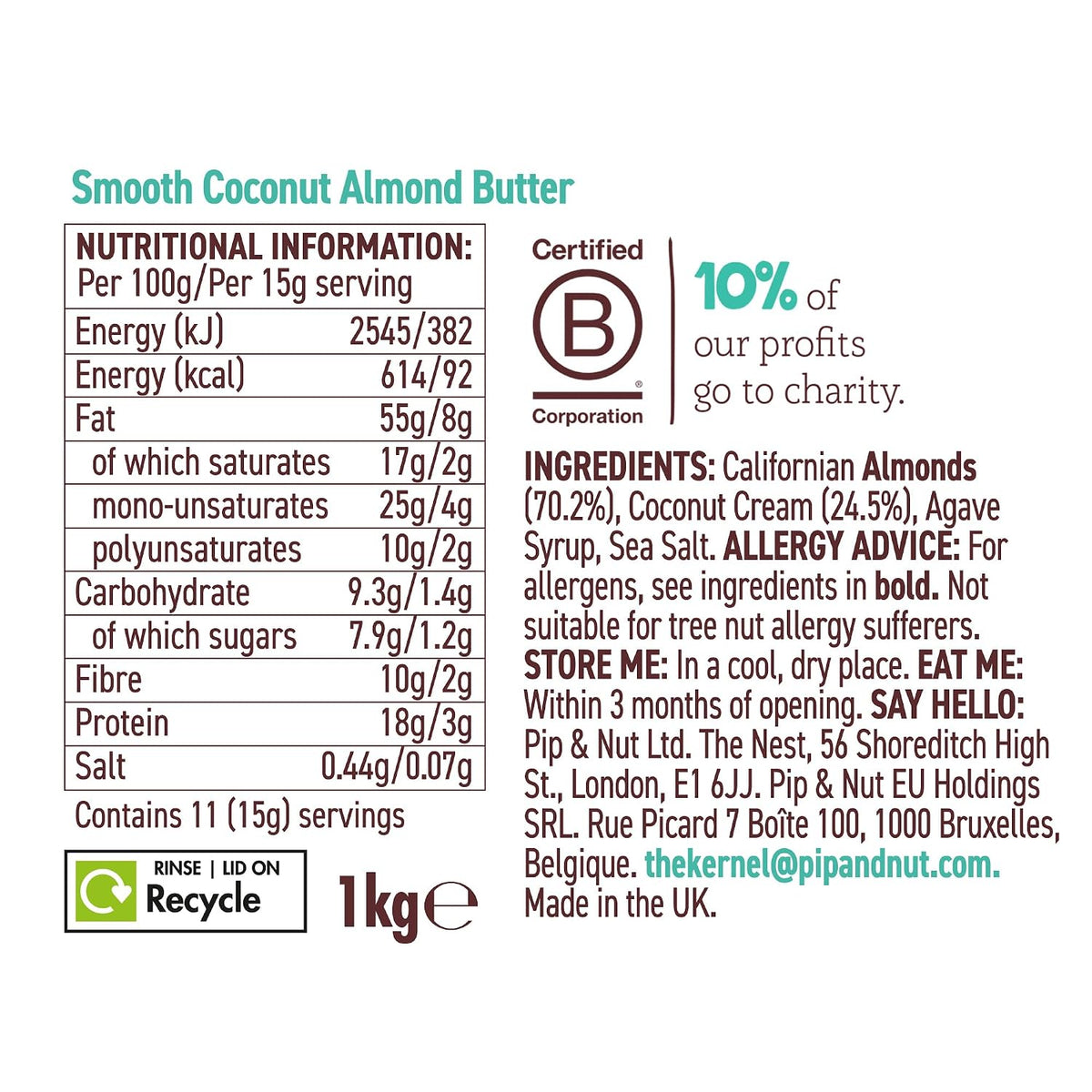 Pip and Nut Coconut Almond Butter 1000g nutritional information