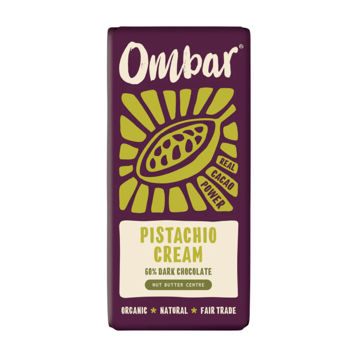 Ombar Pistachio Centres Chocolate Bar 70g front packaging