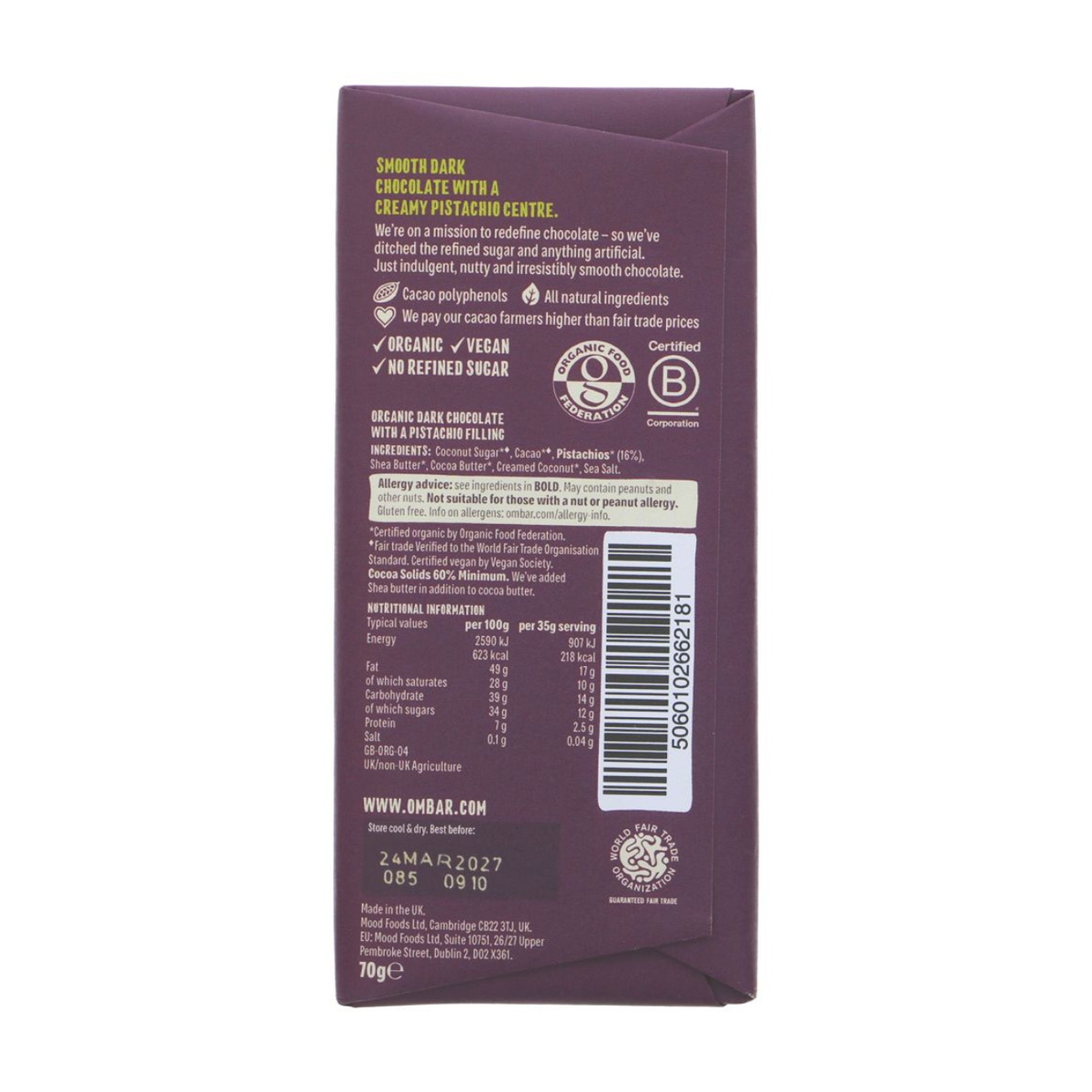 Ombar Pistachio Centres Chocolate Bar 70g back packaging