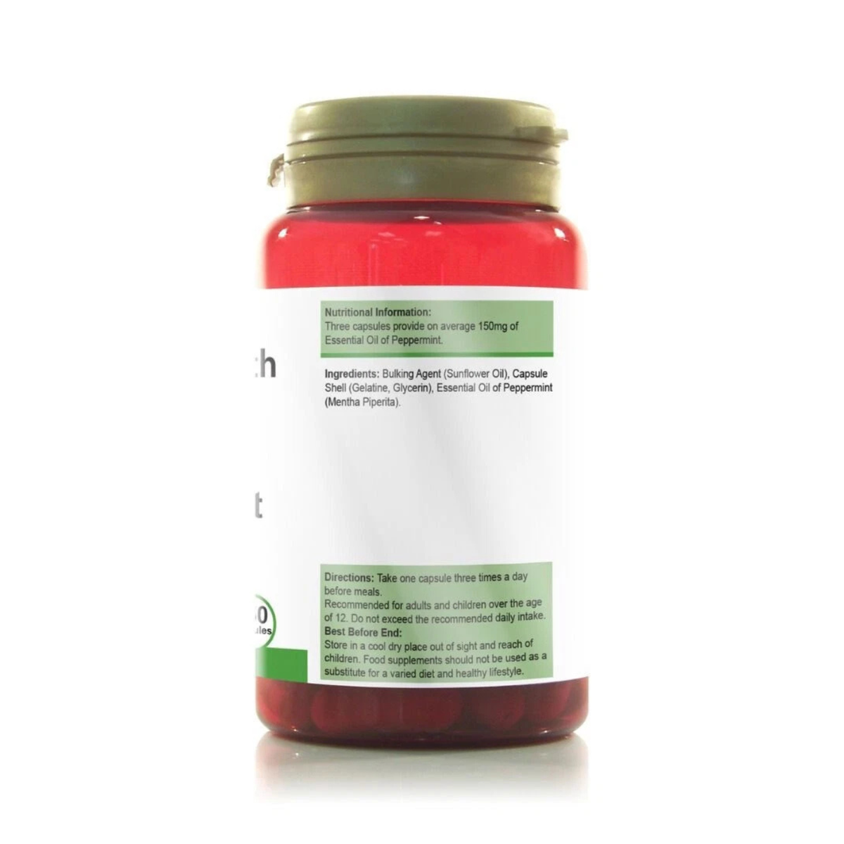 Power Health Peppermint Oil 50mg 150 Capsules back packaging 