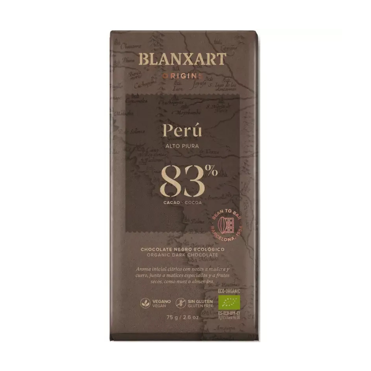 Blanxart Premium Chocolate Bar 83% Peru Organic & Vegan 75g front packaging