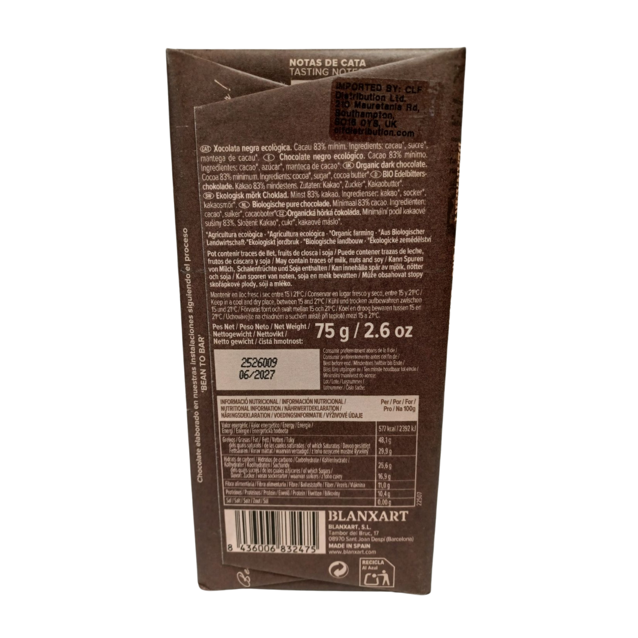 Blanxart Premium Chocolate Bar 83% Peru Organic & Vegan 75g back packaging