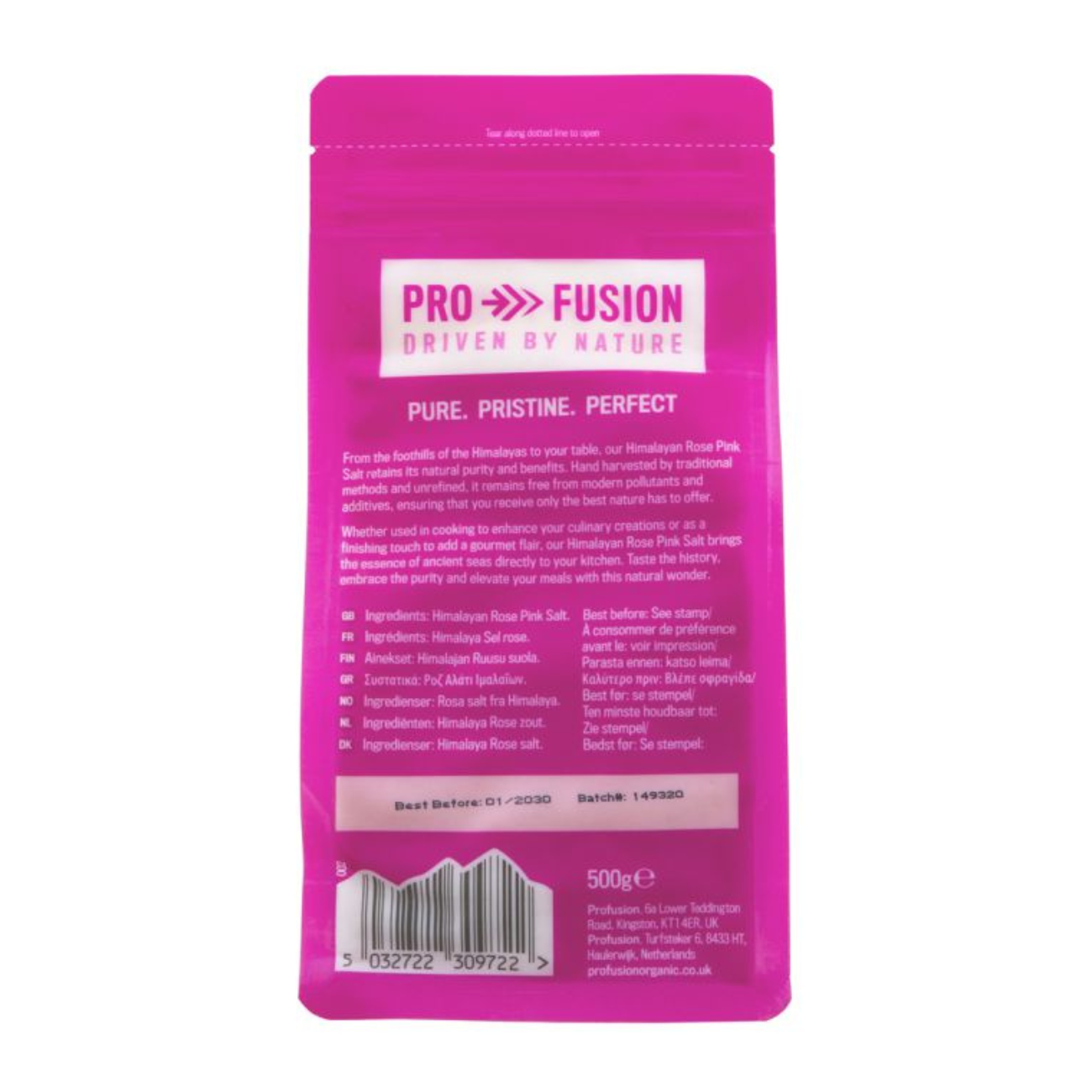 Profusion Organic Himalayan Rose Pink Salt Fine 500g back packaging