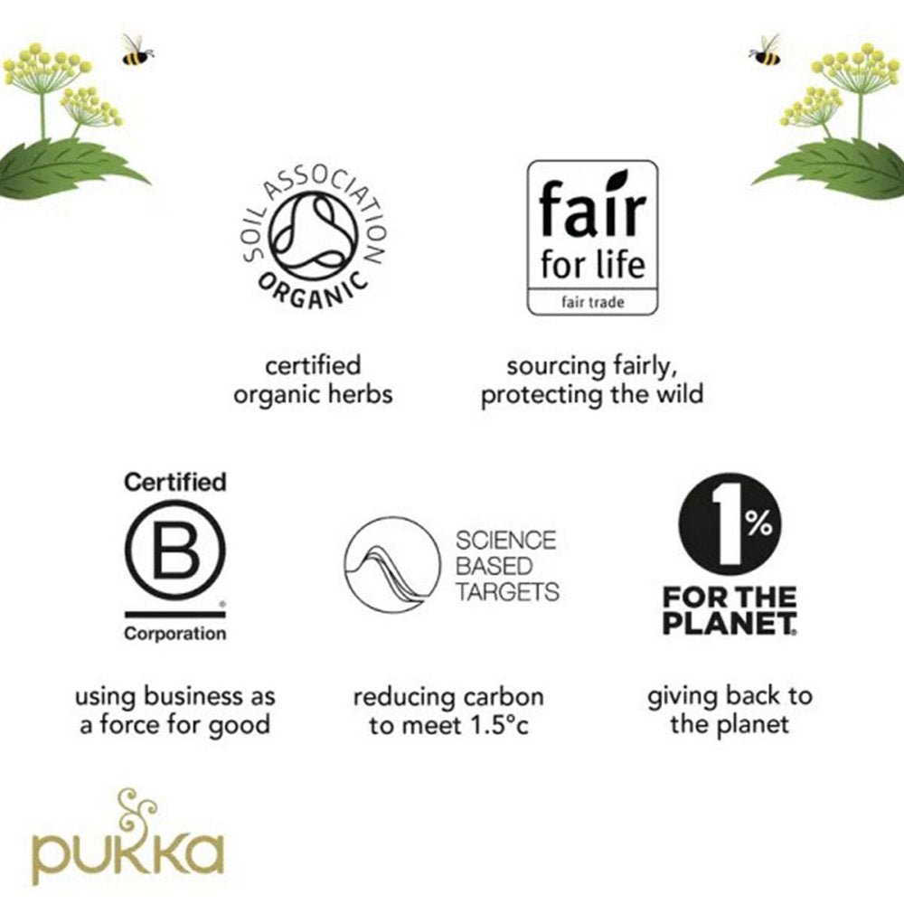 Pukka Herbs Organic After Dinner Herbal Tea 20 sachets certifications
