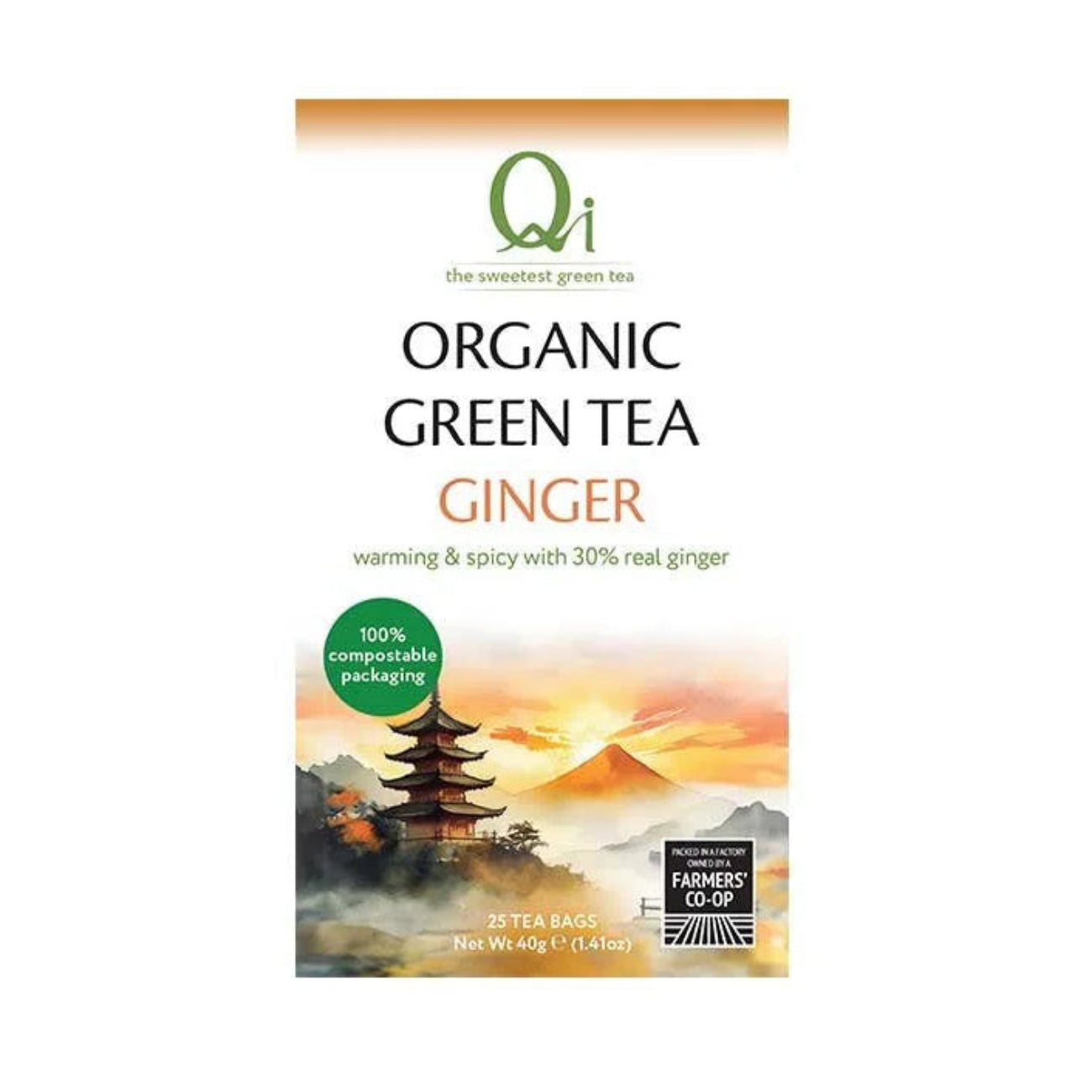Qi Organic Fairtrade Green Tea & Ginger 25 Bags front packaging