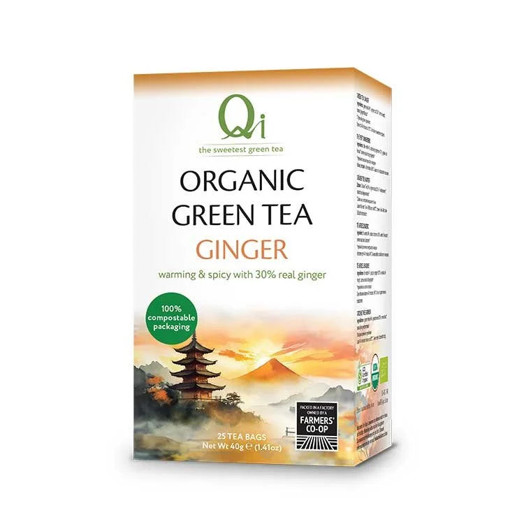 Qi Organic Fairtrade Green Tea & Ginger 25 Bags side angle packaging