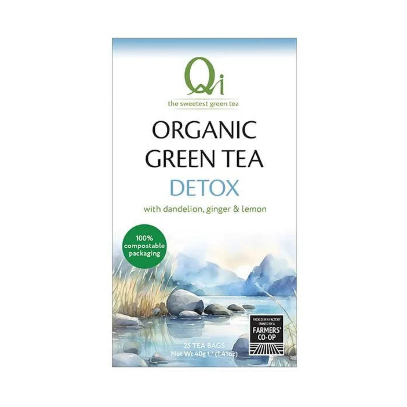 Qi Organic Fairtrade Detox Green Tea 25 Bags front packaging