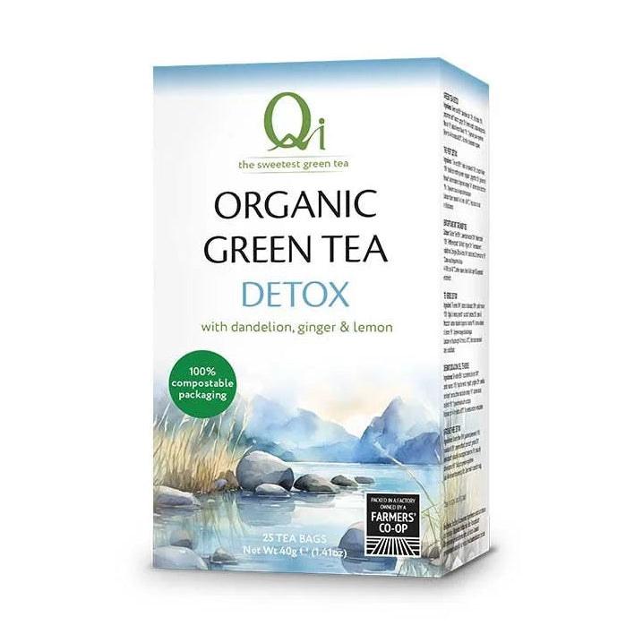 Qi Organic Fairtrade Detox Green Tea 25 Bags side packaging